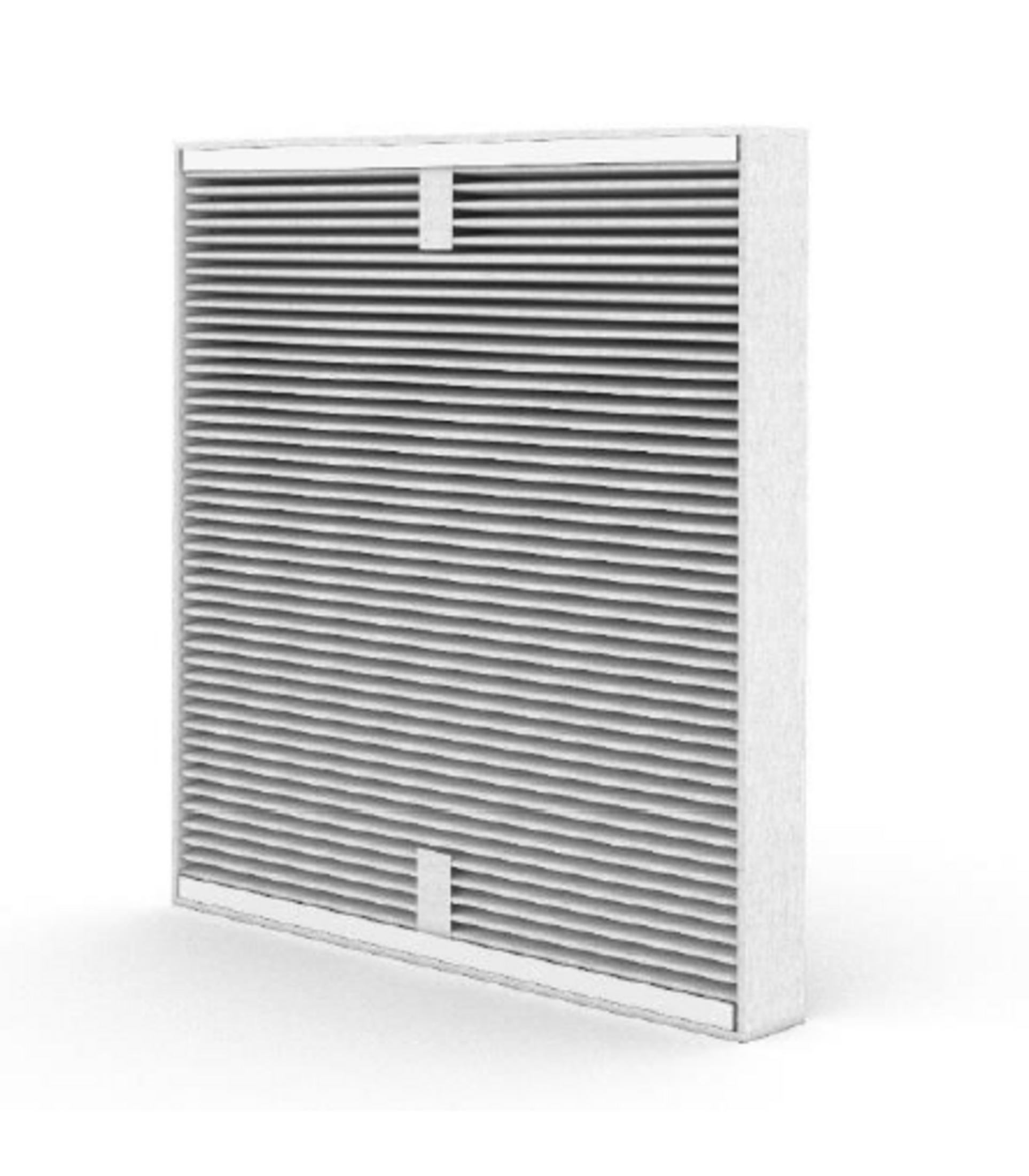 A white air filter with horizontal slats against a white background.