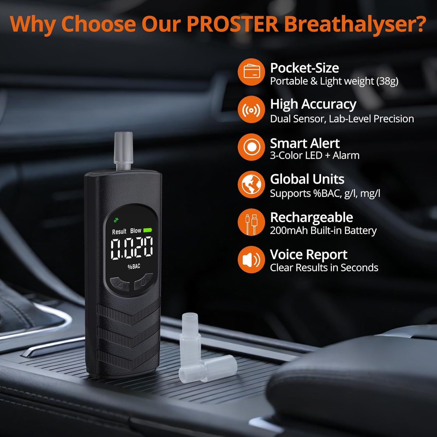 PROSTER-Atemalkoholtester mit Digitalanzeige (0,020 %BAC) in einem Auto.