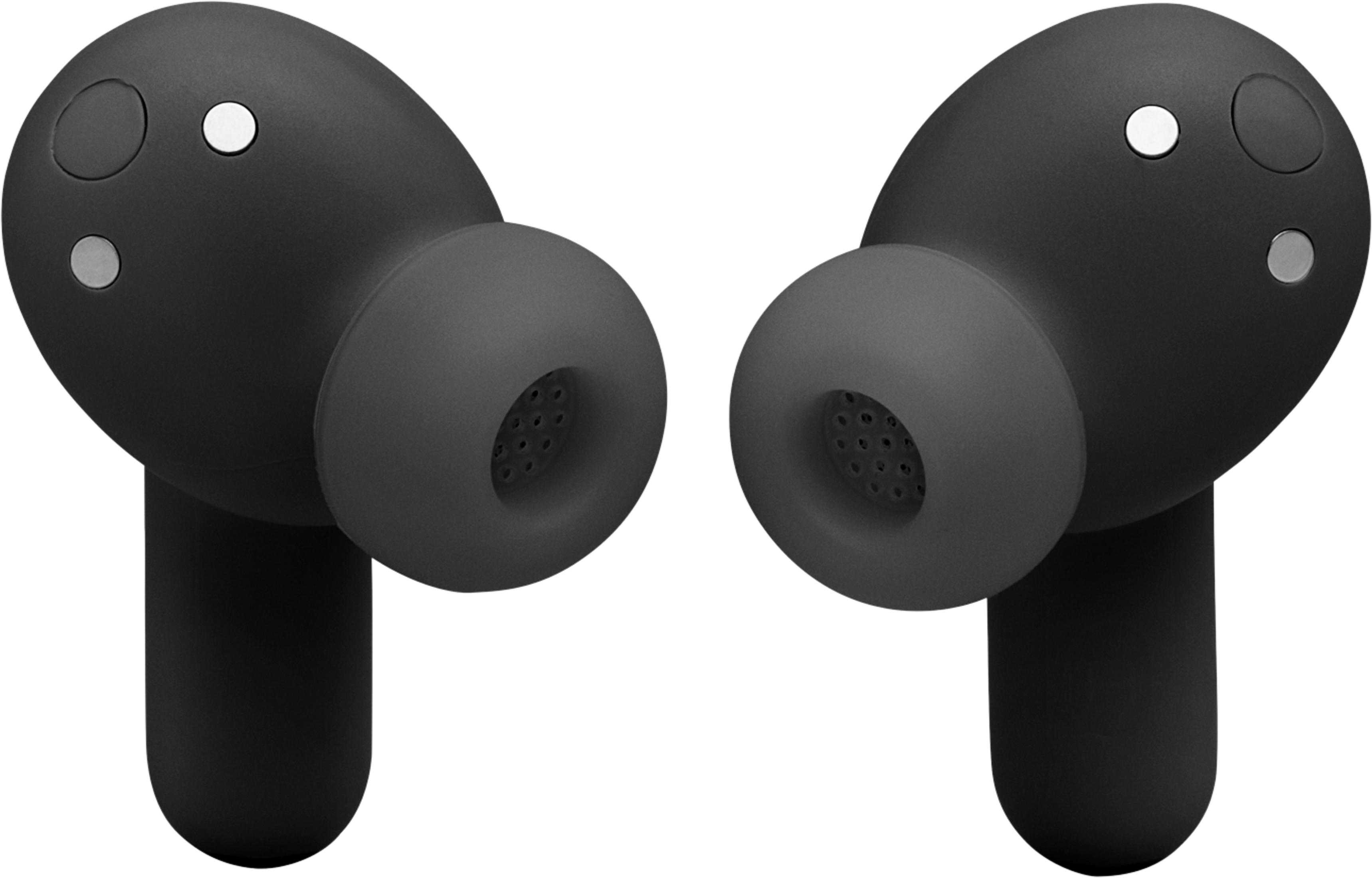 Due auricolari wireless neri con contatti di ricarica e griglie.