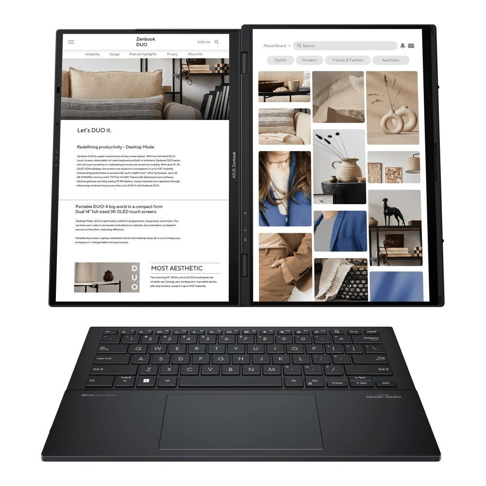 Czarny laptop z dwoma ekranami i osobną klawiaturą.