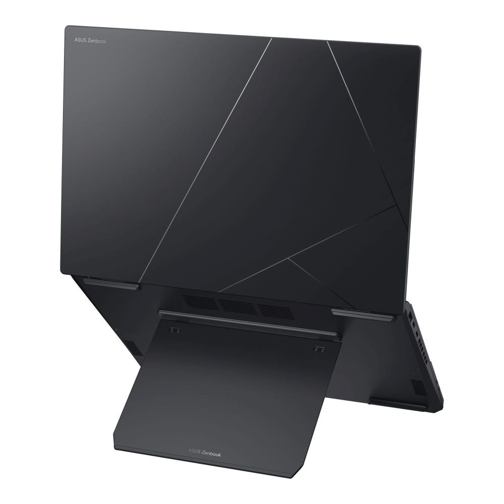 Czarny laptop ASUS Zenbook, podniesiony z wysuwaną podstawką na klawiaturę.