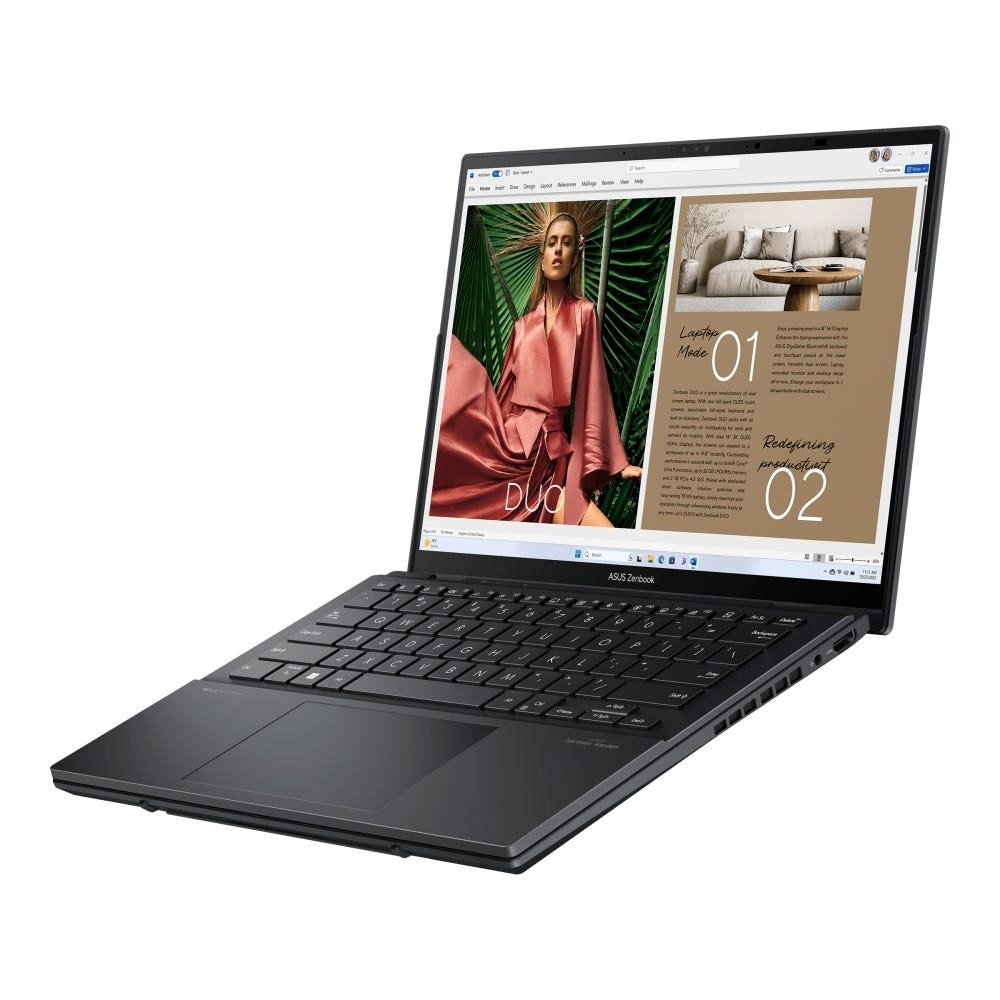 Czarny laptop ASUS Zenbook z dwoma ekranami, wyświetla obrazy mody i salonu.
