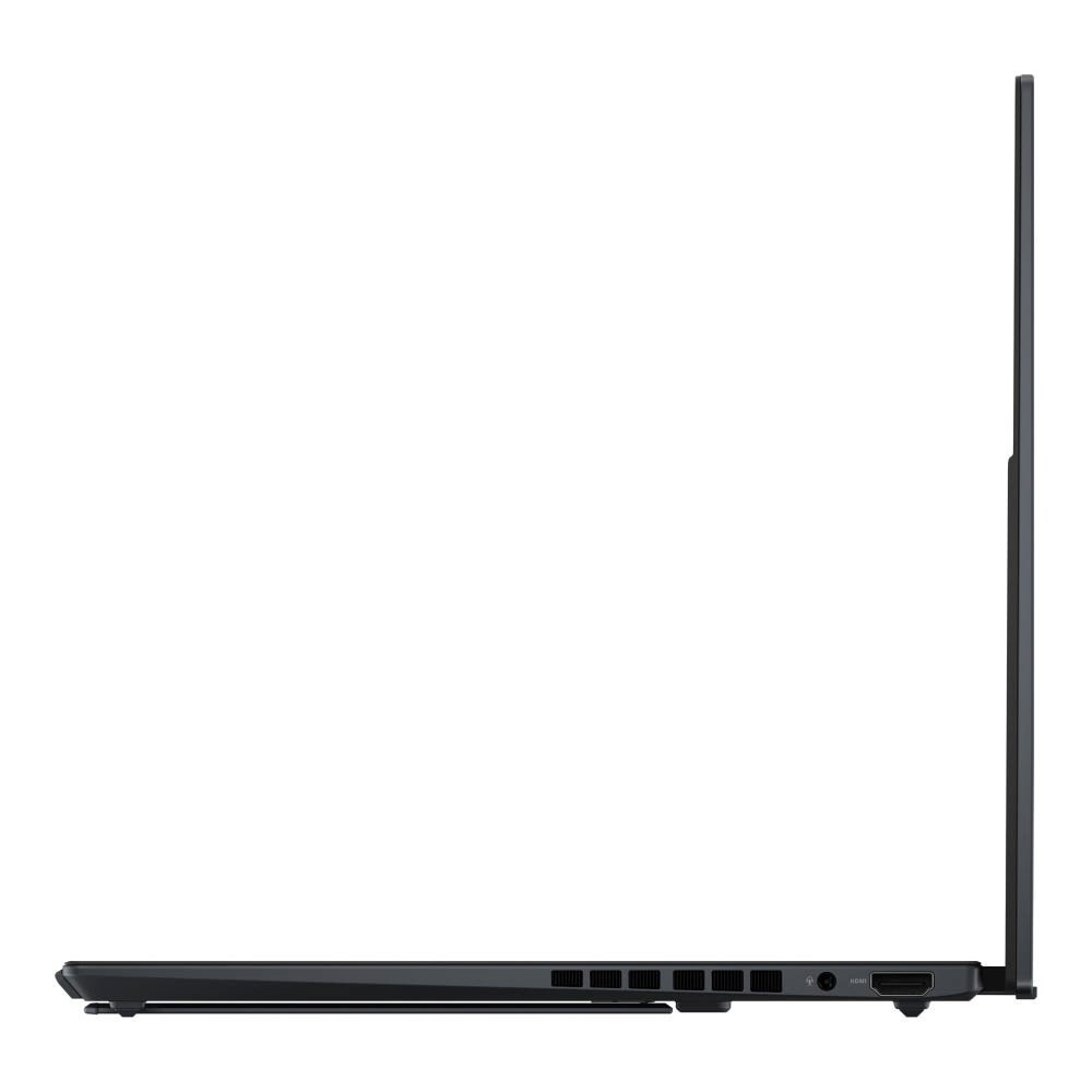 Widok z boku zamkniętego czarnego laptopa z portami po bokach.