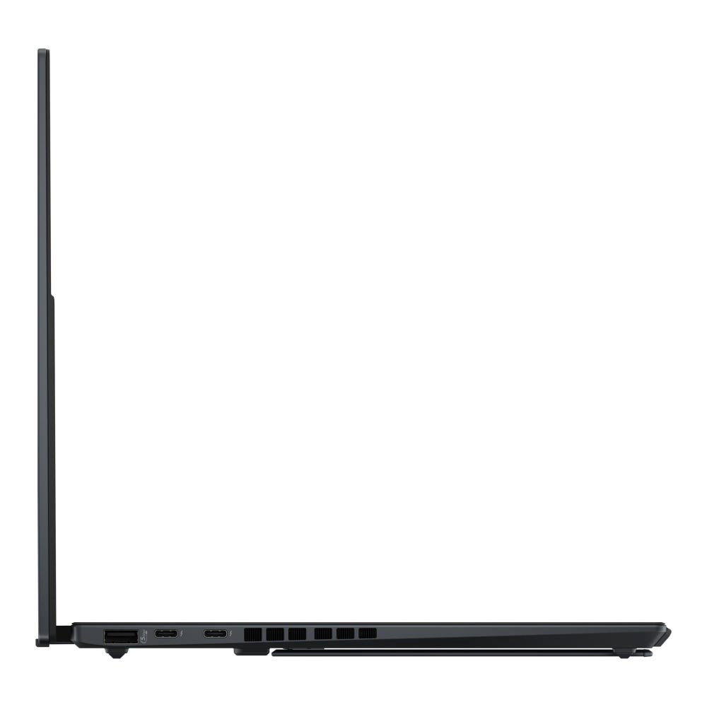 Widok z boku czarnego laptopa z portami po lewej stronie.