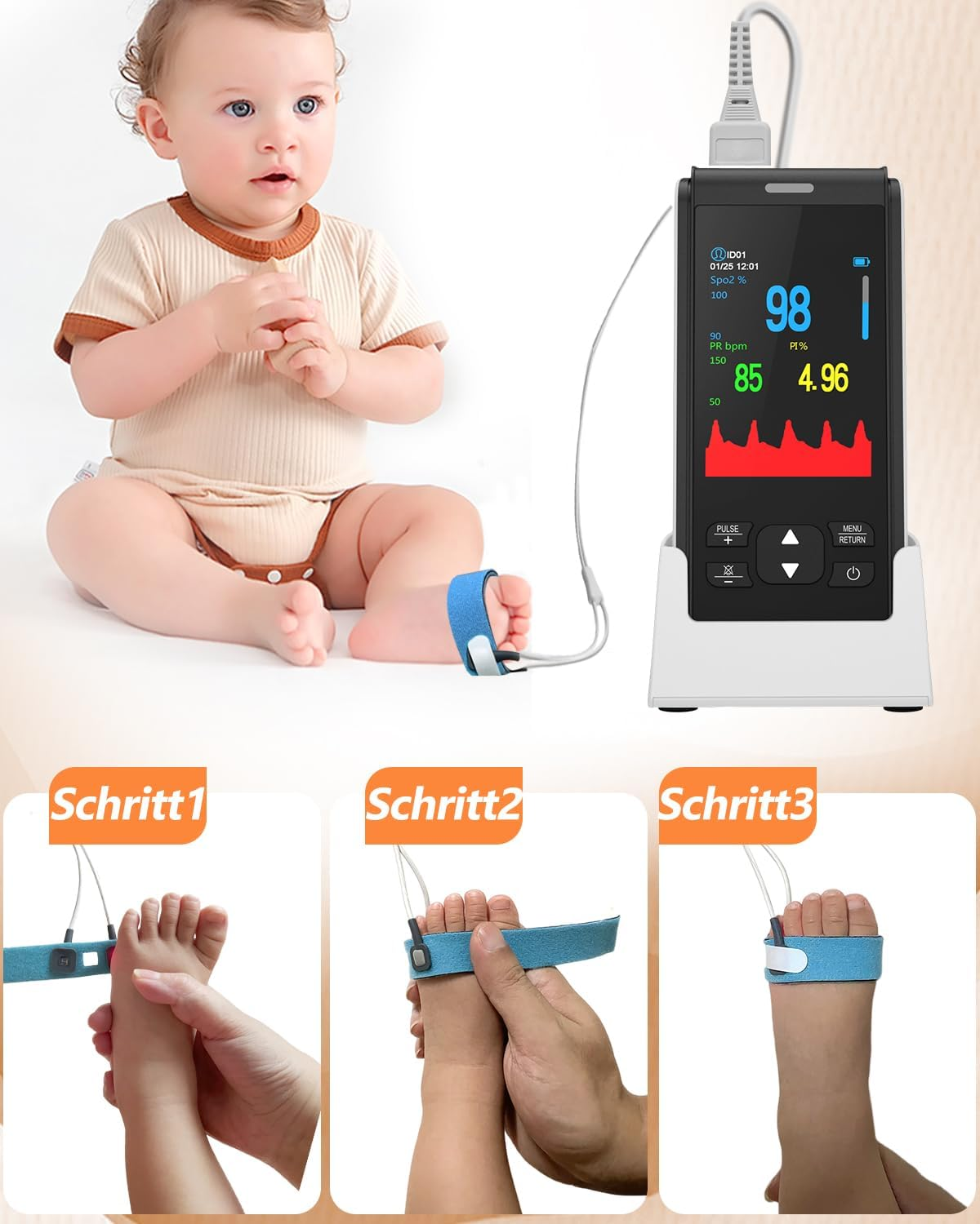 Ein Baby sitzt neben einem Pulsoximeter. Unten sind 3 Schritte zur Anwendung.