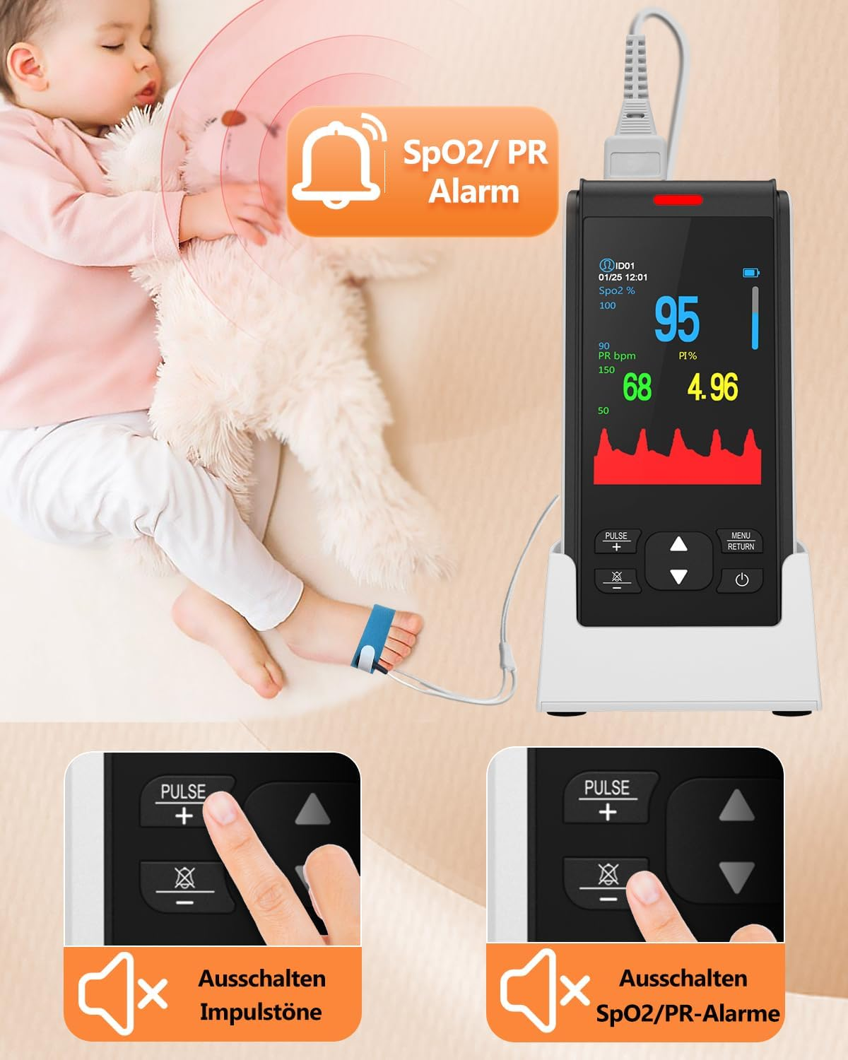 Ein schlafendes Baby mit Pulsoximeter am Fuß, daneben ein Gerät und Knöpfe.