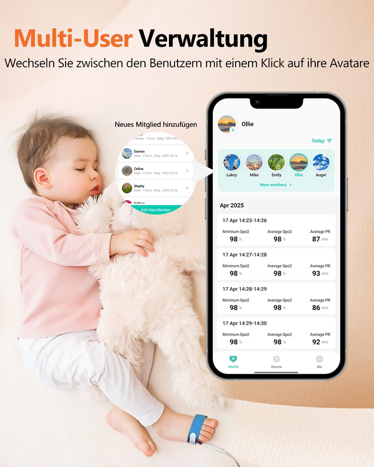 Baby mit Pulsmesser am Fuß neben einem Smartphone mit Gesundheitsdaten.