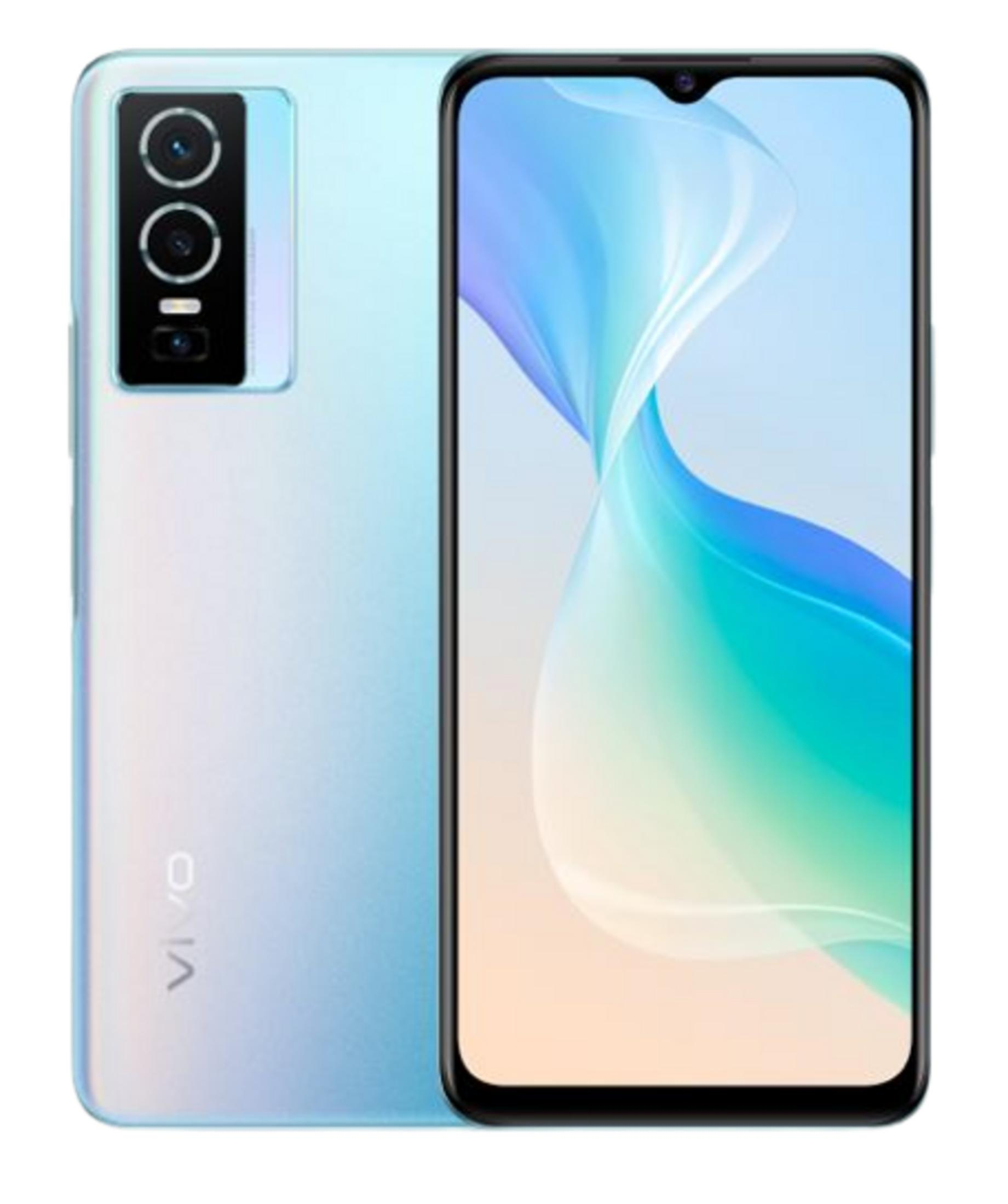 Uno smartphone azzurro con tripla fotocamera posteriore e display a schermo intero.