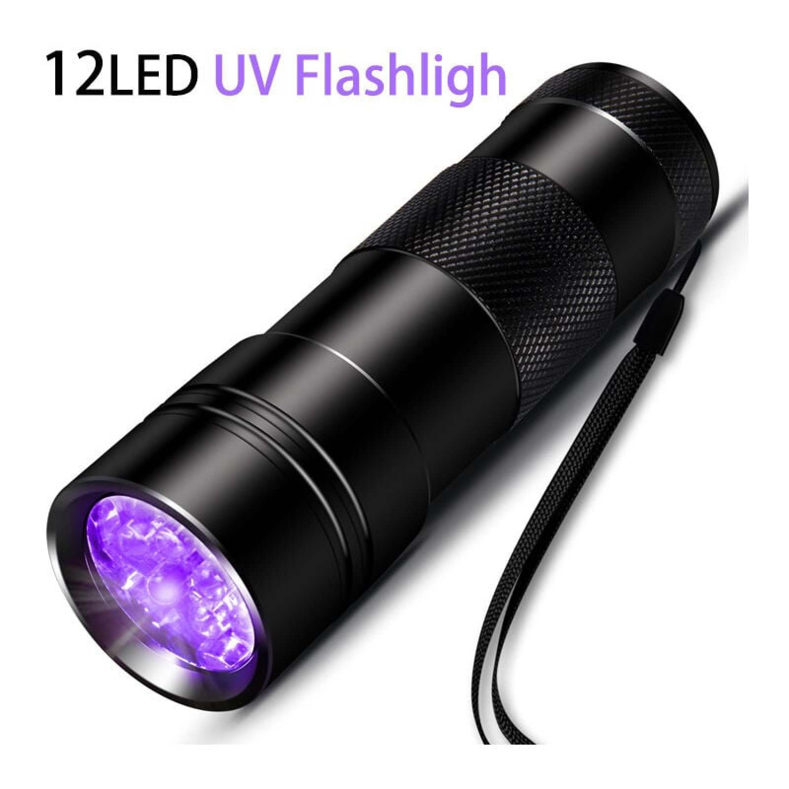 Schwarze UV-Taschenlampe mit 12 LEDs und Lanyard.