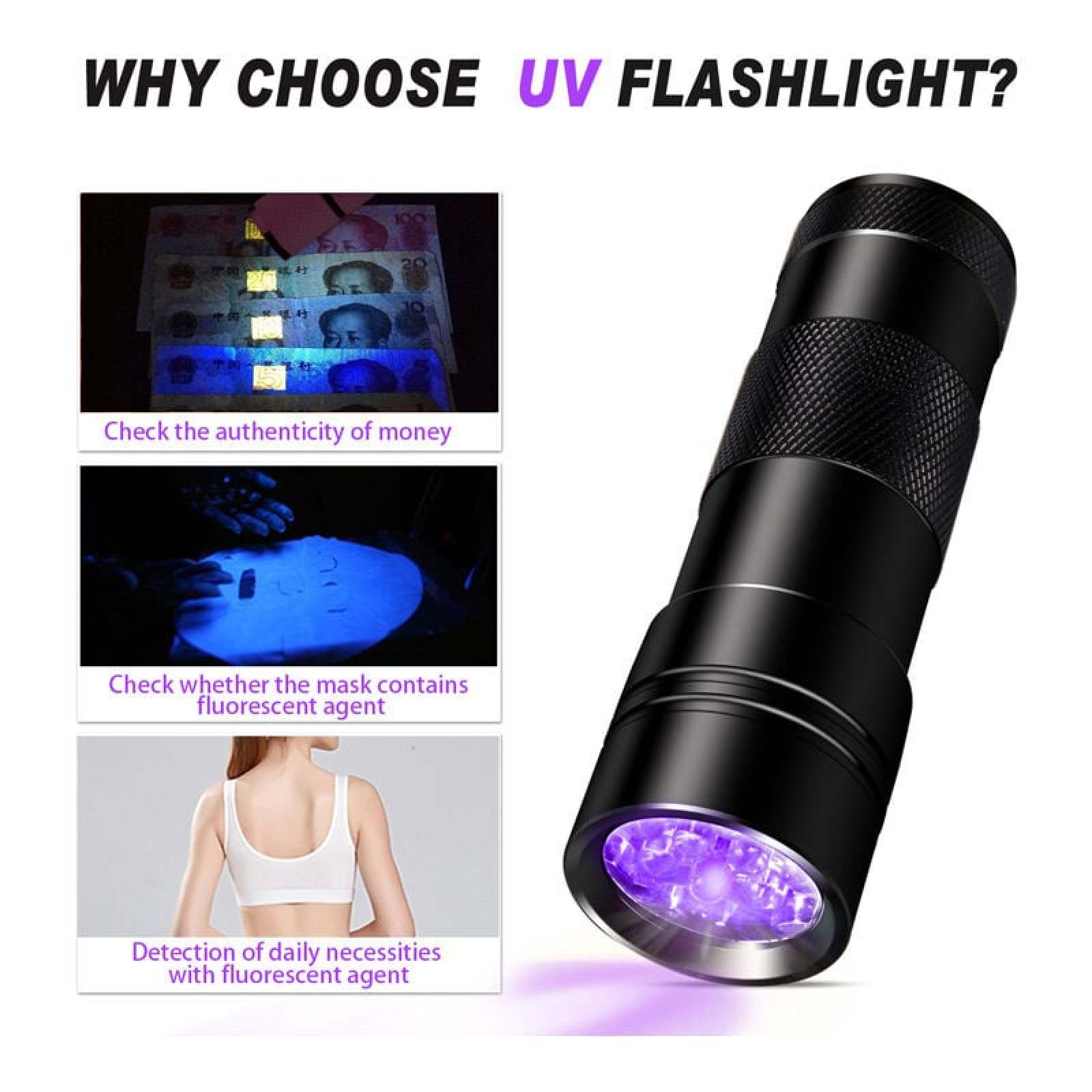 UV-Taschenlampe mit Beispielen: Geld-, Masken- und Artikelprüfung.