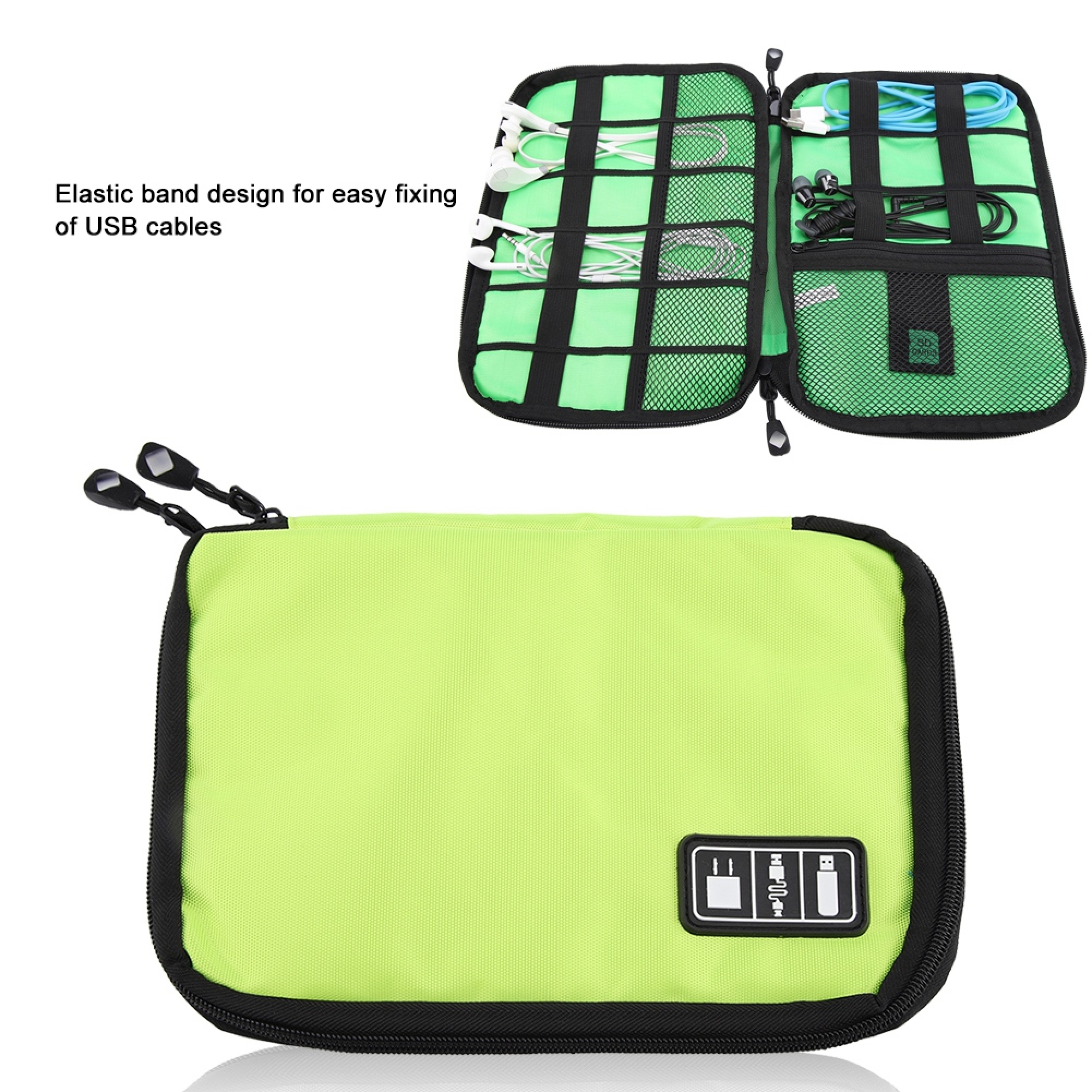 Eine grüne Tasche für Elektronikzubehör mit Fächern für Kabel und Kopfhörer.