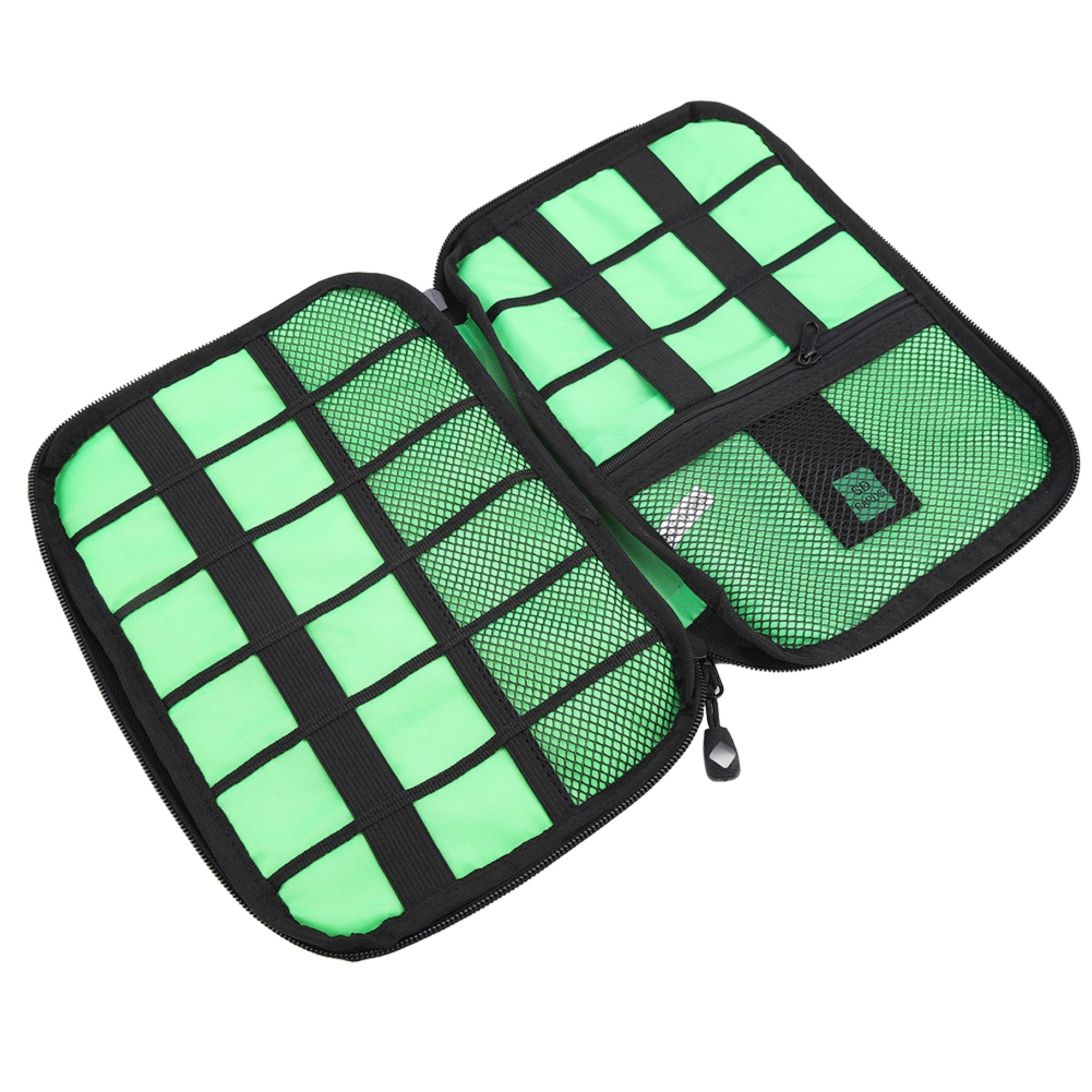 Offene grüne Tasche mit schwarzen Gummibändern für Organisation.