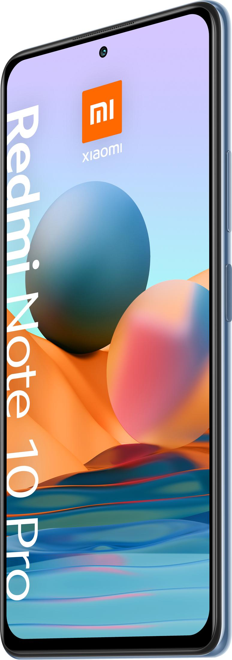 Een blauwe Xiaomi smartphone met de tekst Redmi Note 10 Pro.