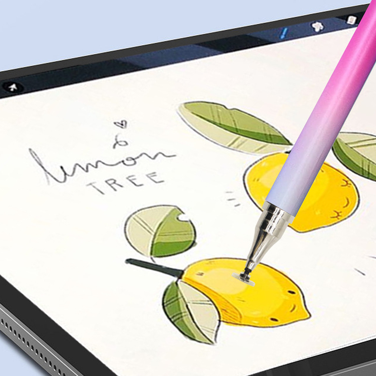 Ein Stift mit Farbverlauf zeichnet Zitronen und Blätter auf einem Tablet.