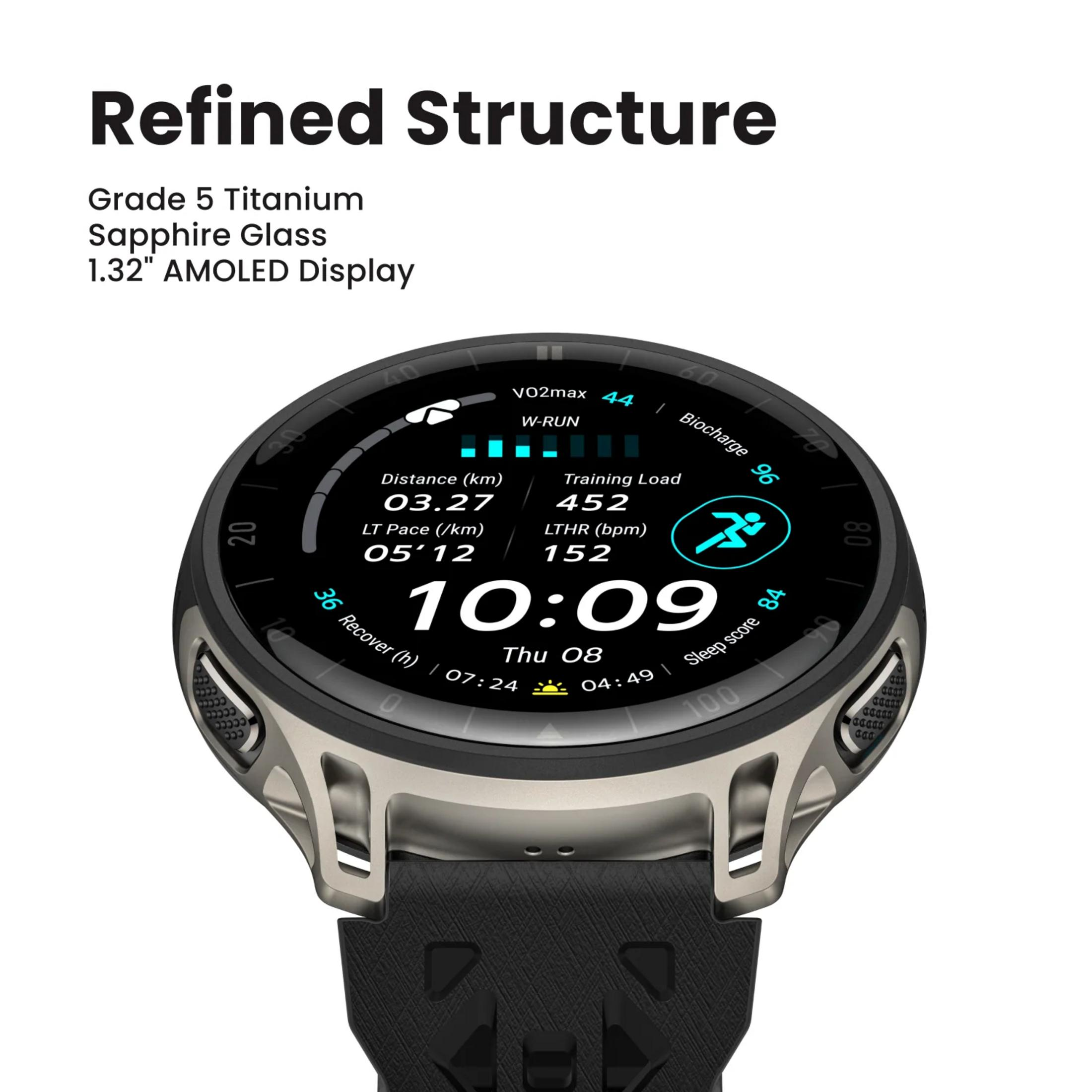 Eine Smartwatch mit silbernem Gehäuse, schwarzem Armband und einem AMOLED-Display.