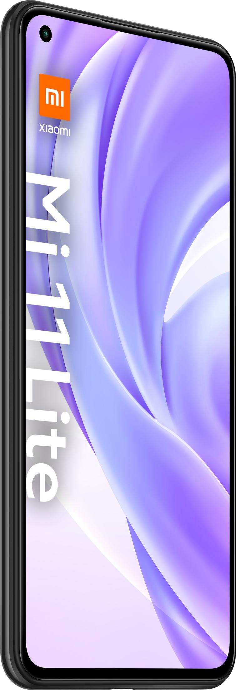 Uno smartphone Xiaomi Mi 11 Lite nero mostra un motivo a onde viola.