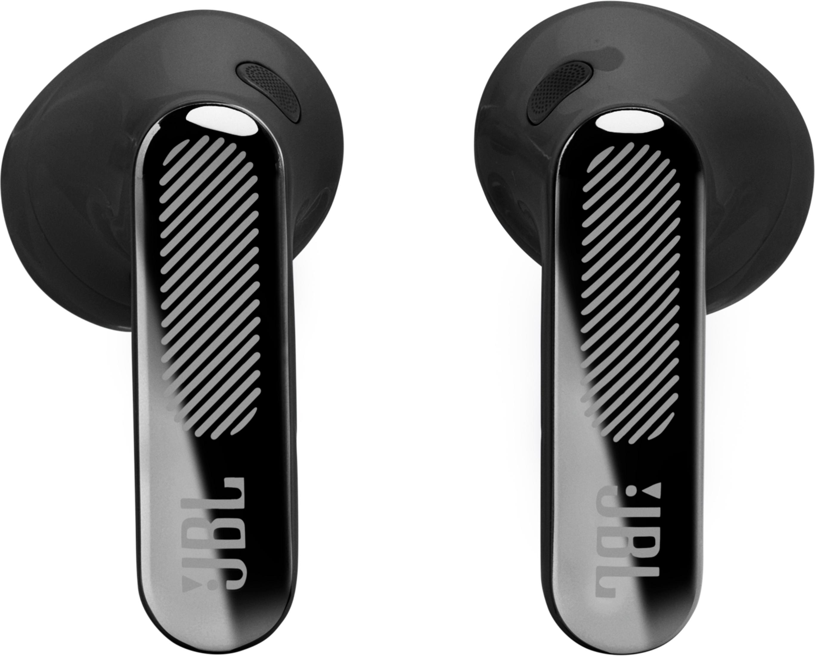 Due auricolari JBL neri con motivo a strisce argentate e logo.