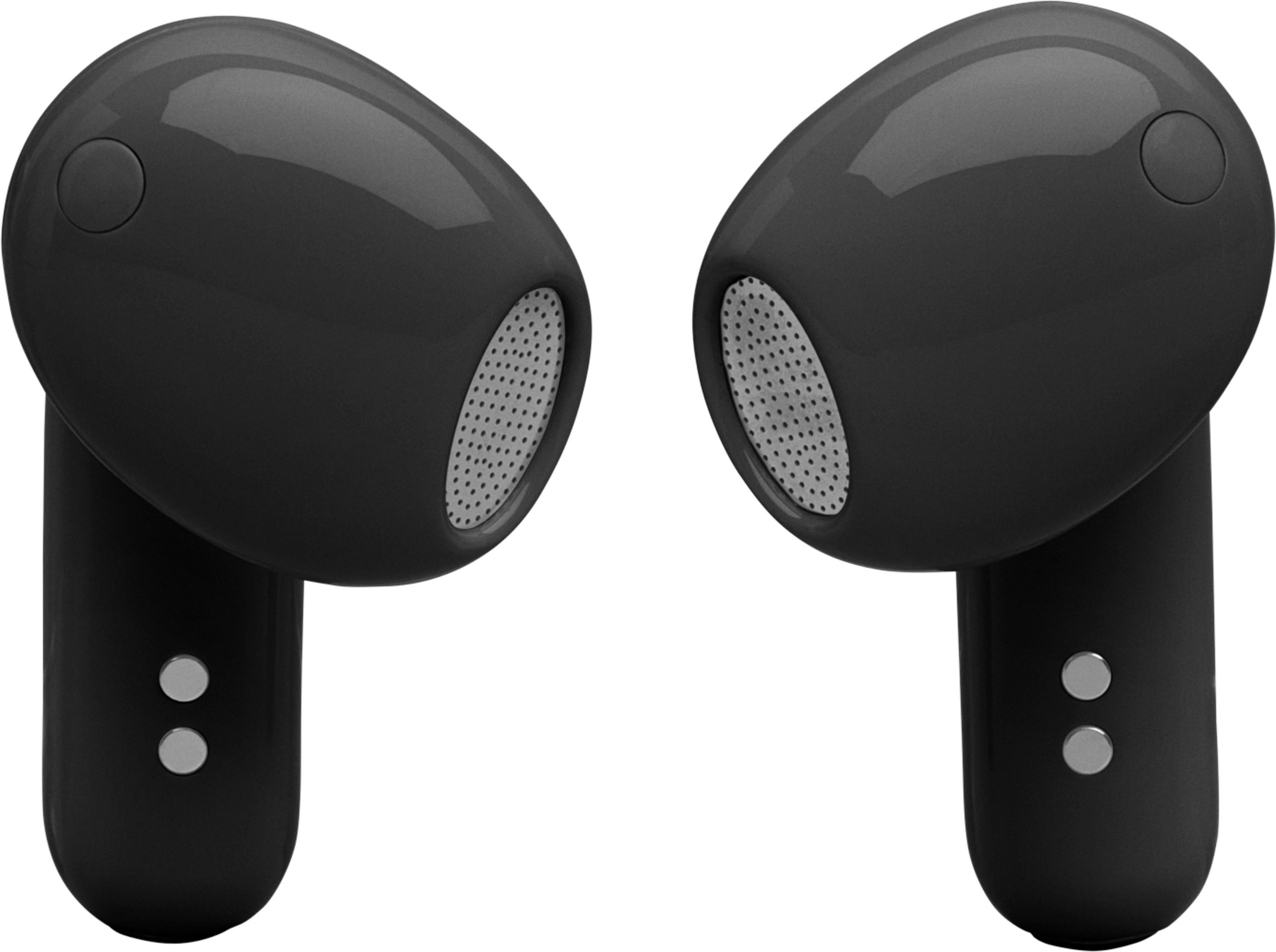 Due auricolari wireless neri uno accanto all'altro su sfondo bianco.