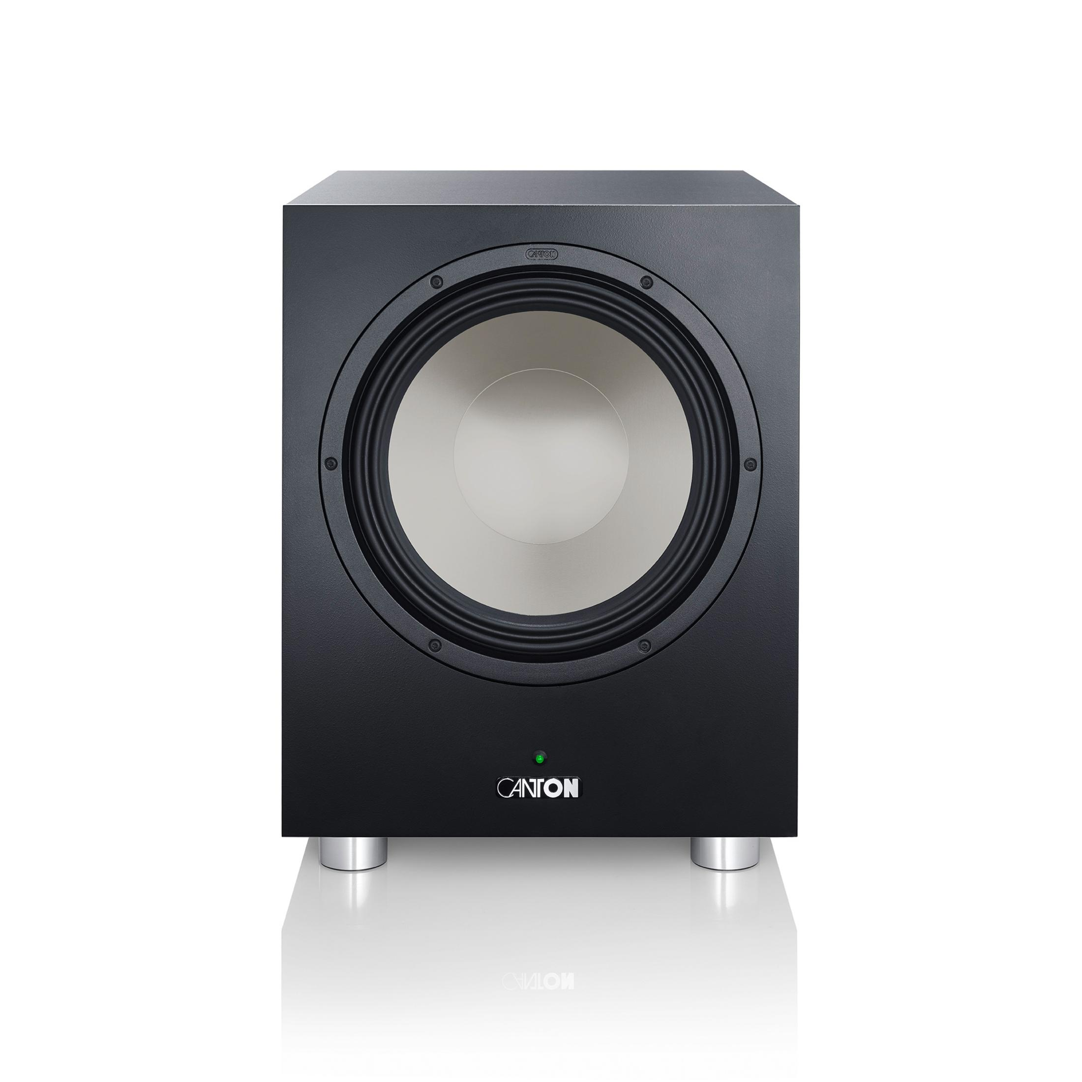 Schwarzer Subwoofer mit hellem Lautsprecher und silbernen Füßen.