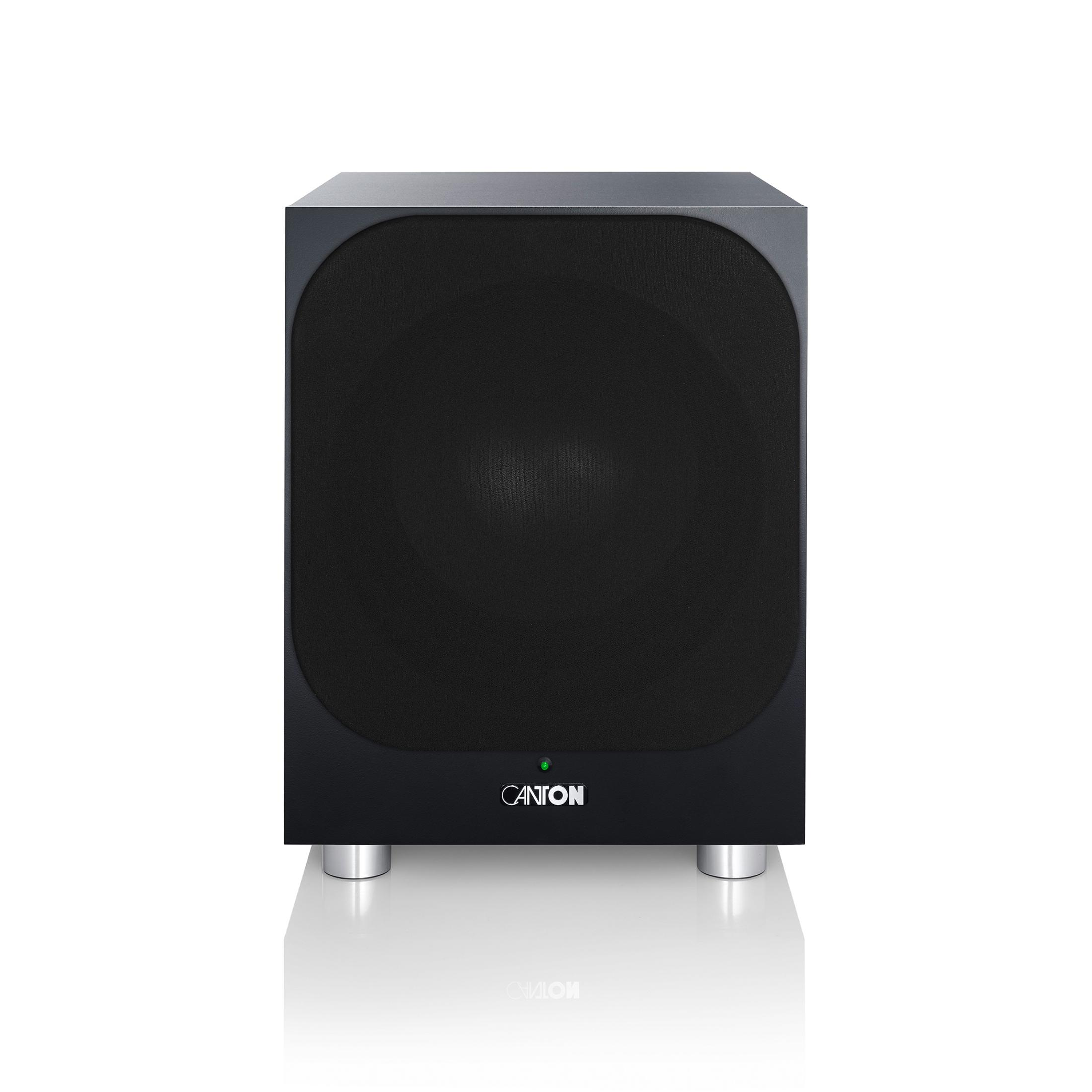 Schwarzer Subwoofer mit silbernen Füßen und gruner LED.