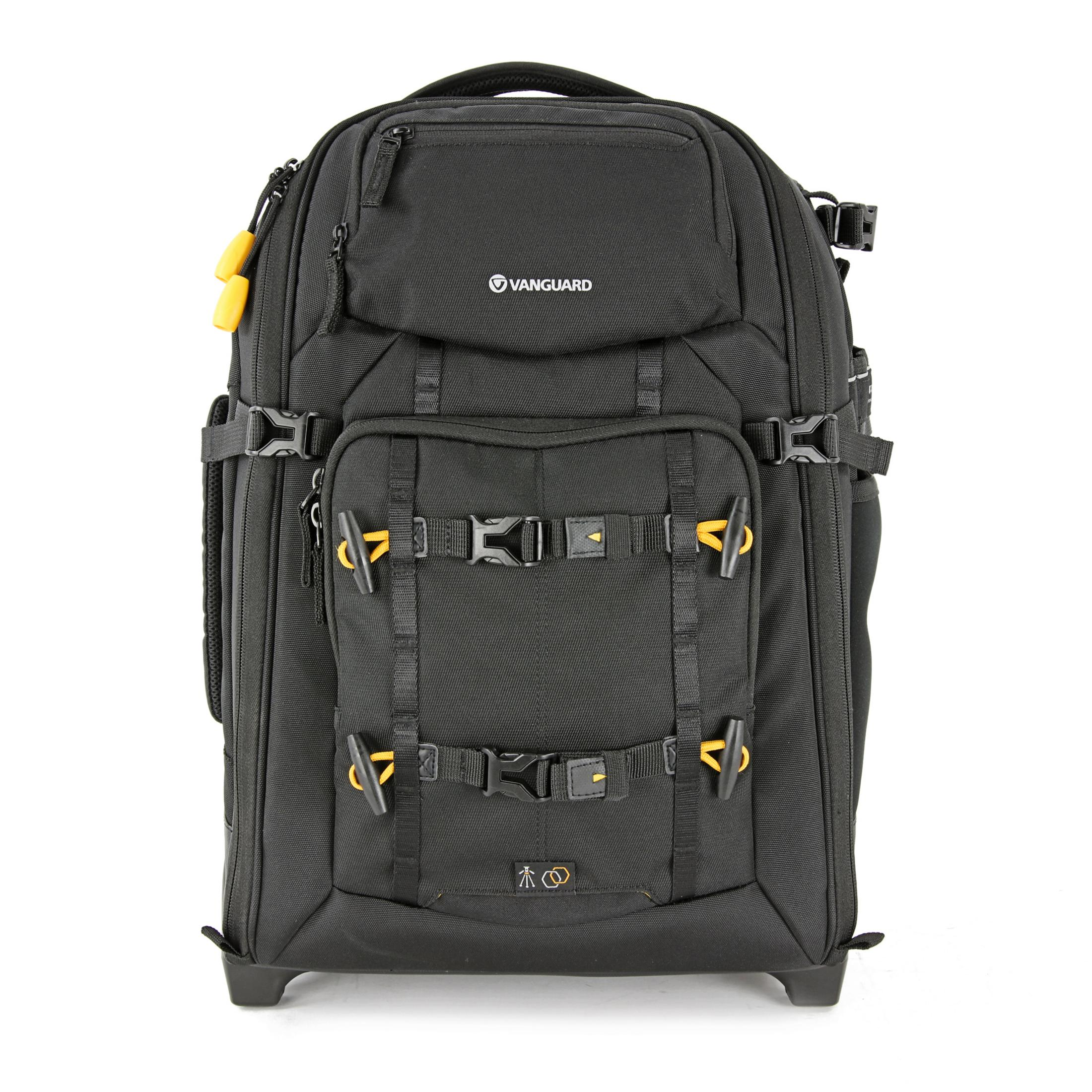 Schwarzer Rucksack mit gelben Akzenten und dem Vanguard-Logo, auf weißem Hintergrund.