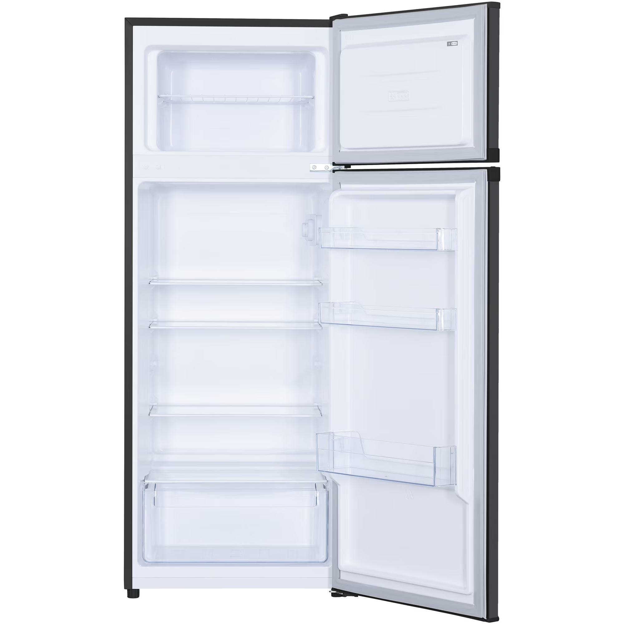 Ein leerer Kühlschrank mit geöffneter Tür, mit Regalen und Schubladen.