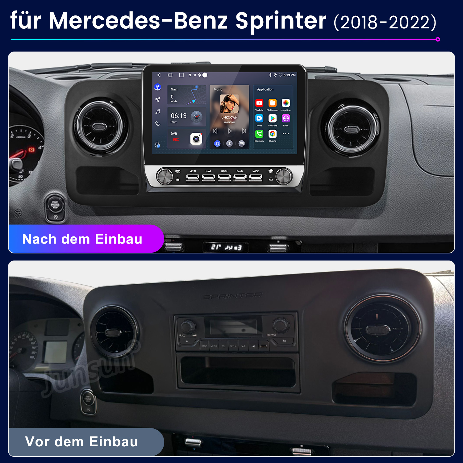 Vorher/Nachher-Vergleich eines Mercedes-Benz Sprinter-Armaturenbretts mit neuem Infotainmentsystem.