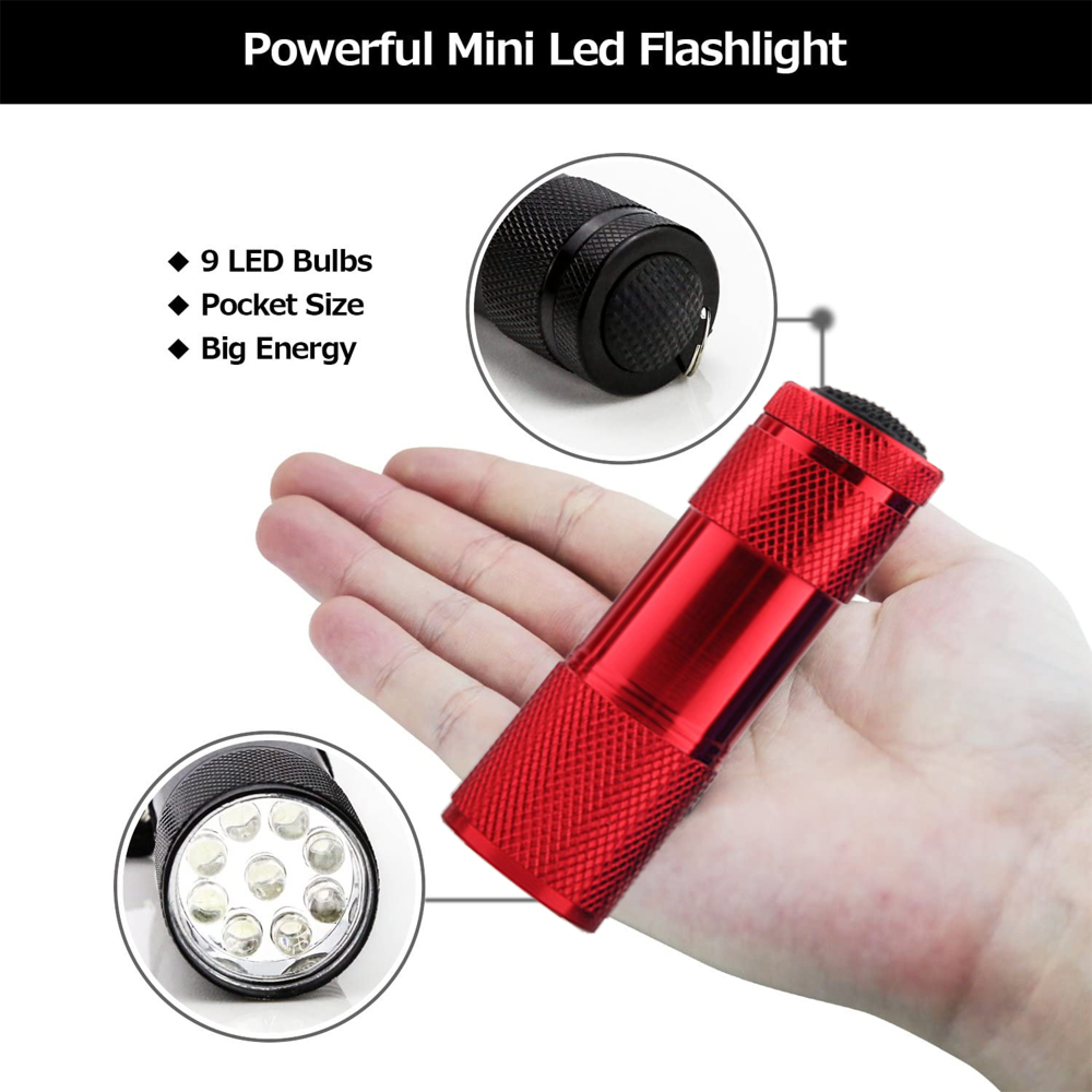 Rote Mini-Taschenlampe mit 9 LEDs in der Hand, Nahaufnahme des Lichts und des Griffs.