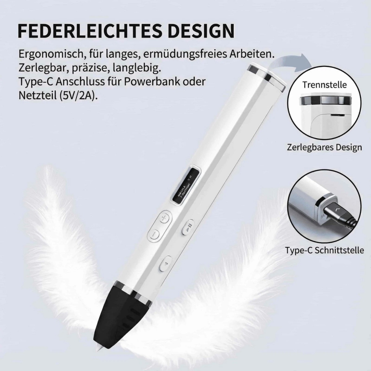 Leichtes, ergonomisches Design. Zerlegbar, präzise, langlebig. Typ-C-Anschluss.