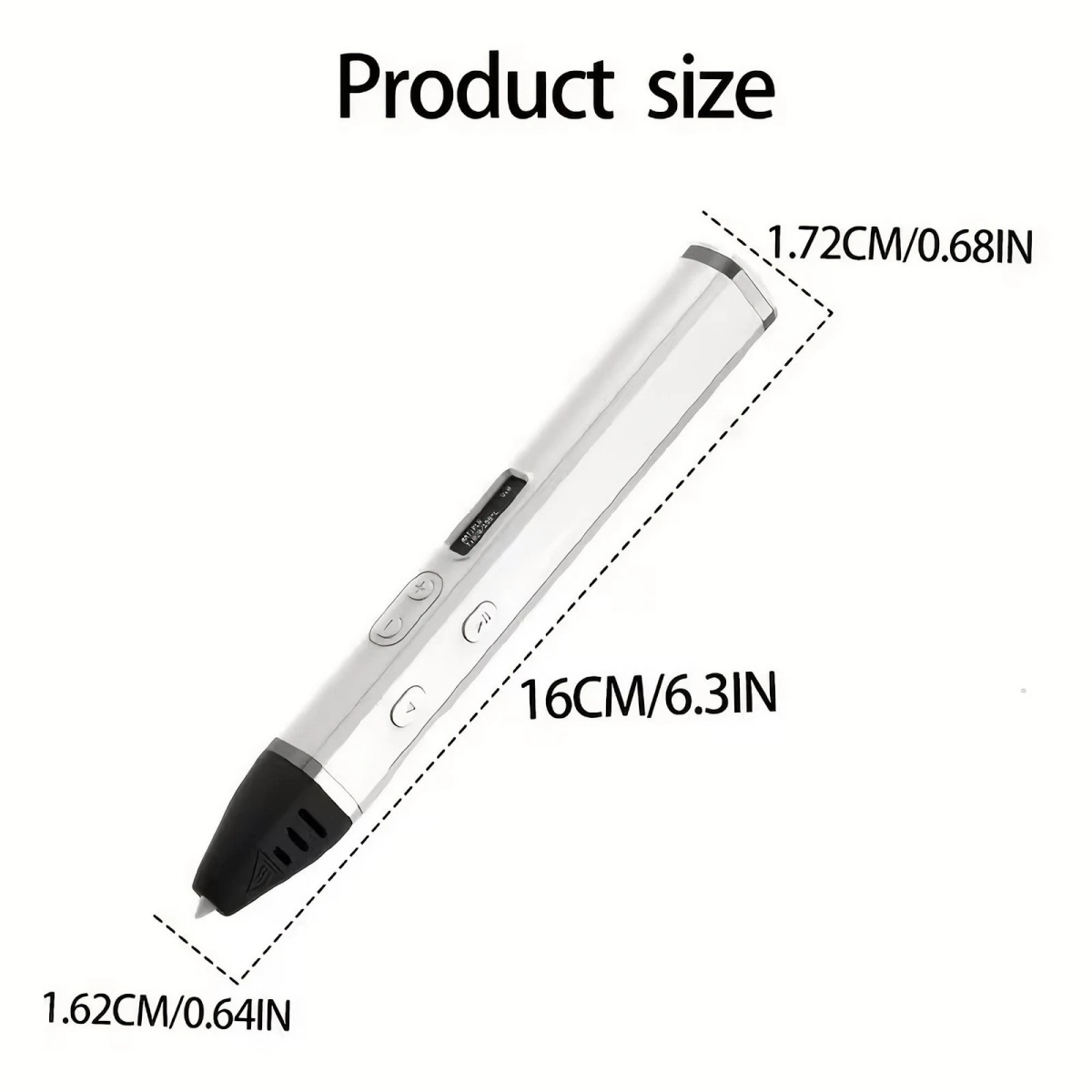 Ein weißer 3D-Stift mit schwarzen Akzenten, der die Maße 16x1,72x1,62 cm anzeigt.
