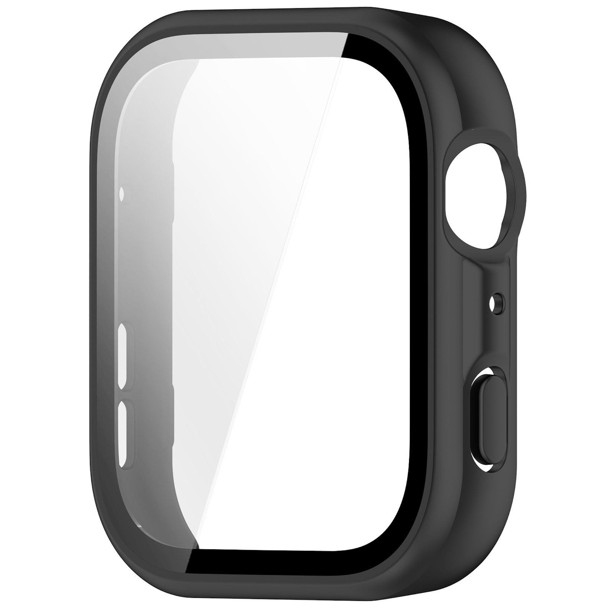 Schwarze Schutzhülle für eine Smartwatch mit transparentem Bildschirm.