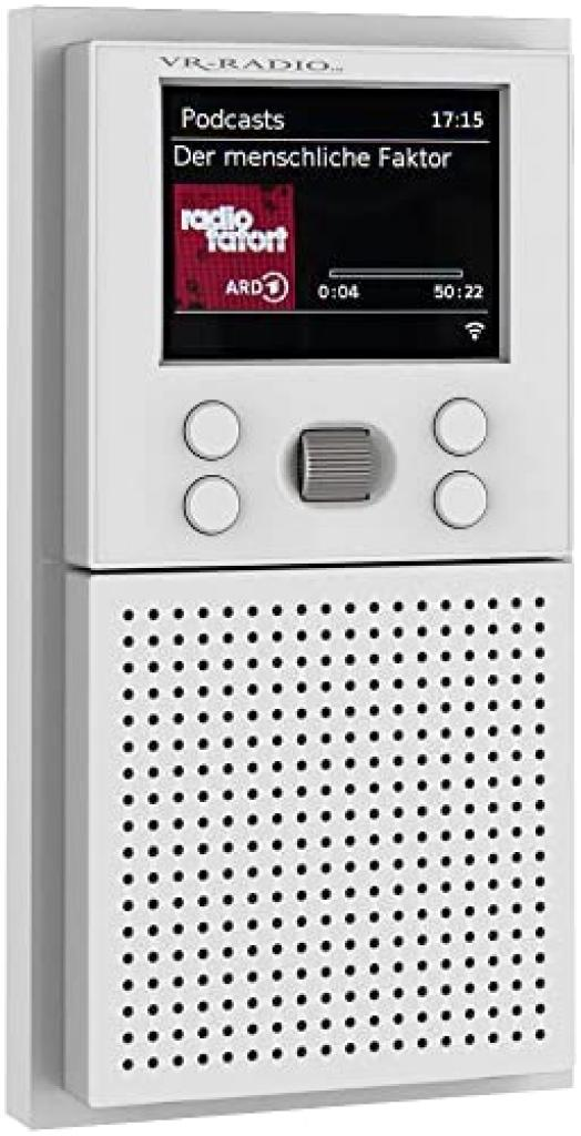 Ein weies VR-Radio mit Bildschirm, Lautsprecher und Bedienelementen.