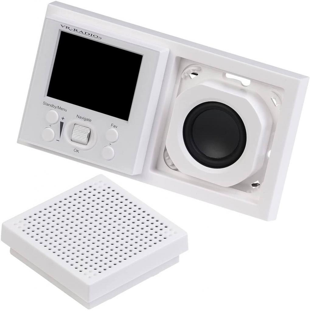 Ein weißes VR-Radio mit Bildschirm, Lautsprecher und abnehmbarer Abdeckung.
