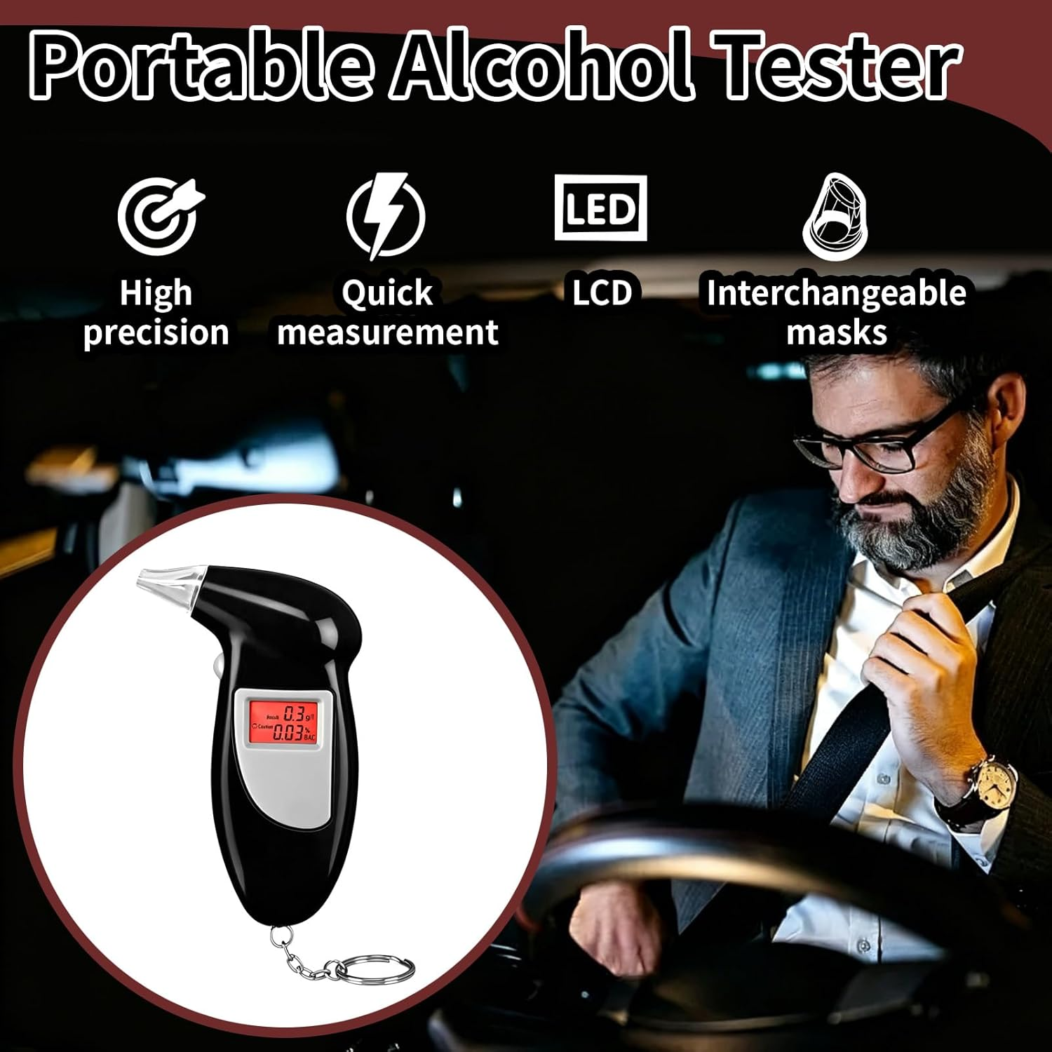 Schwarzer tragbarer Alkoholtester mit LCD-Anzeige (0,03% BAC). Mann schnallt sich an.