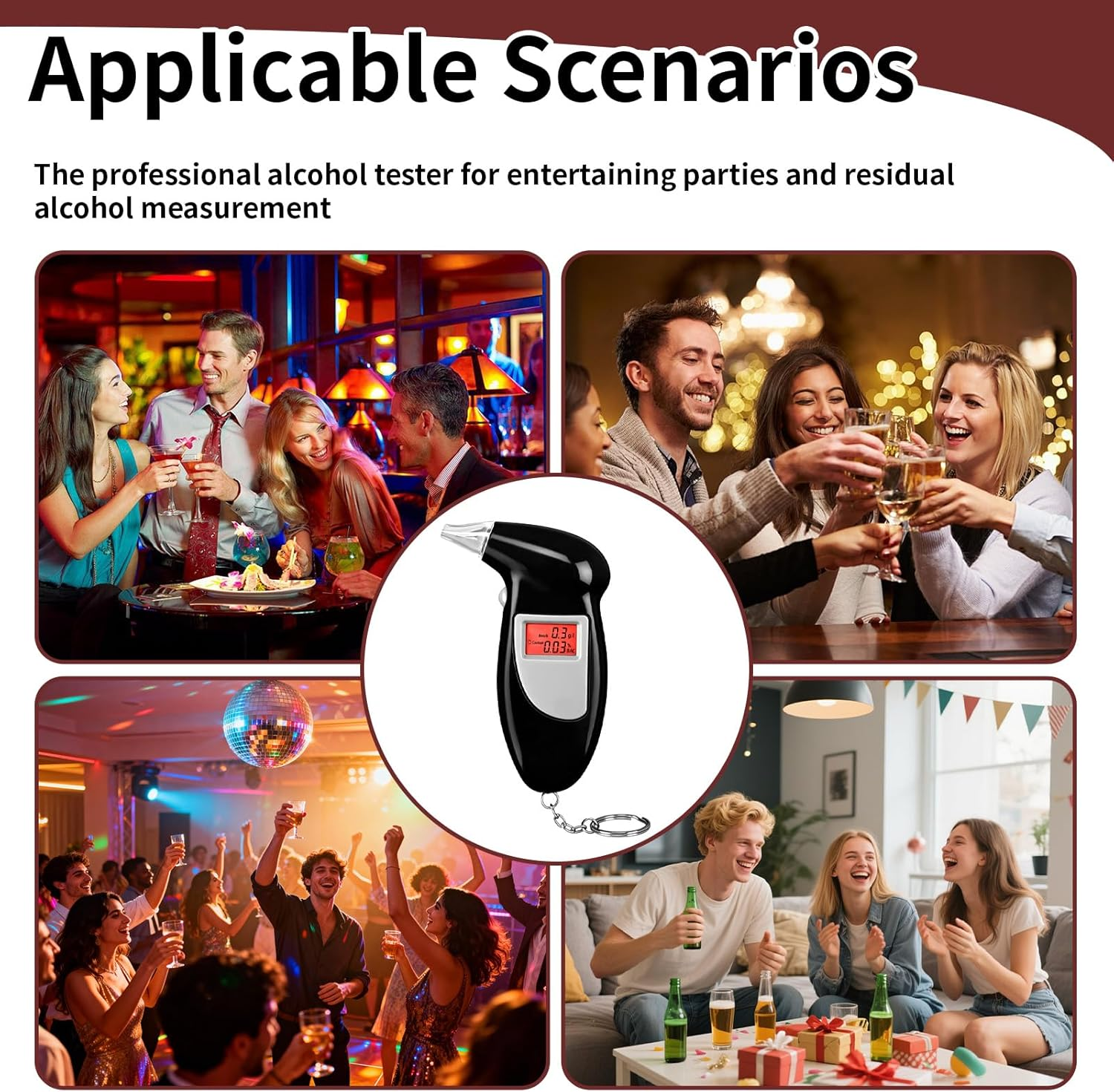 Ein Alkoholtester neben Bildern von Partys und Menschen, die trinken.