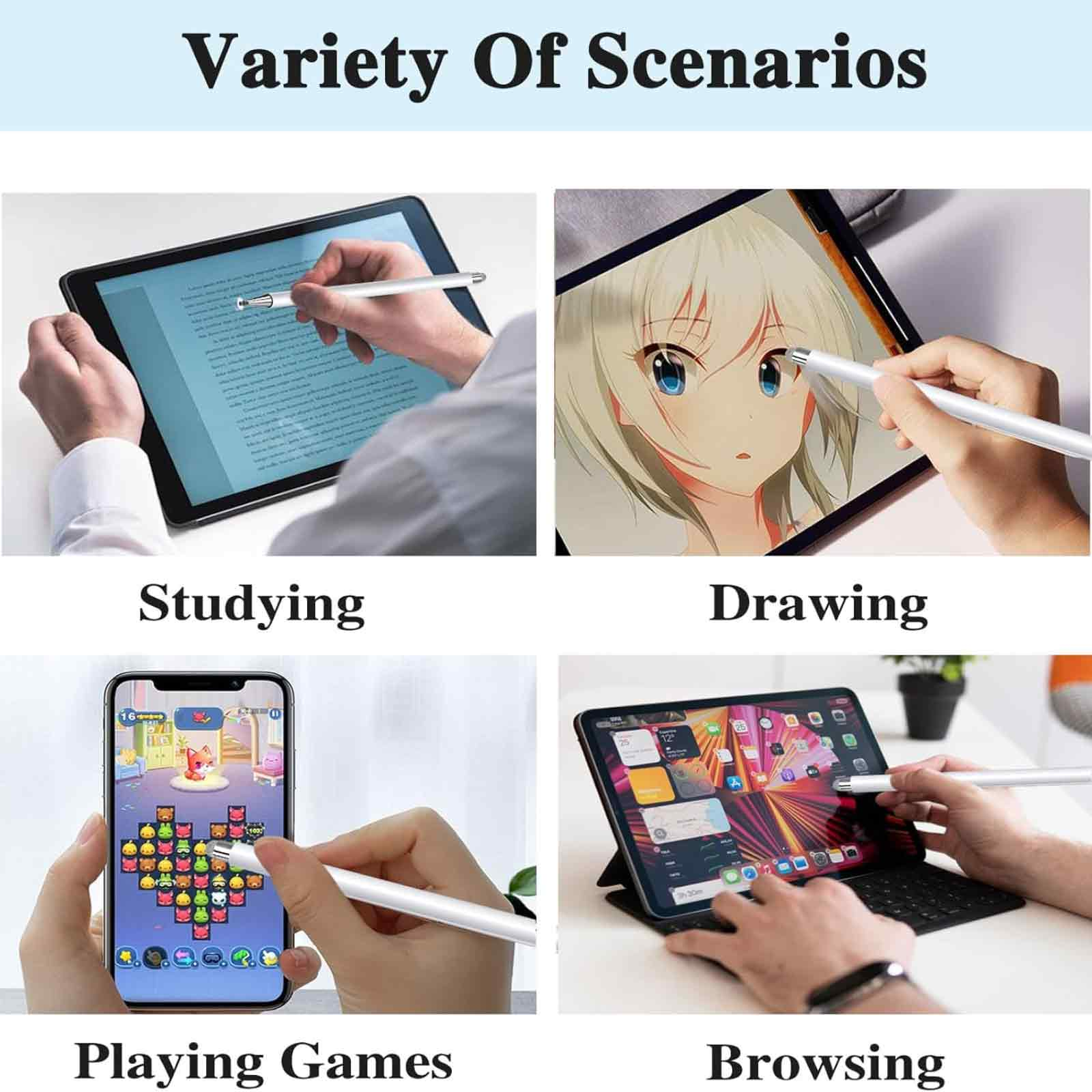 Vier Szenen: Studieren, Zeichnen, Spielen und Surfen mit einem Stift auf Tablets.