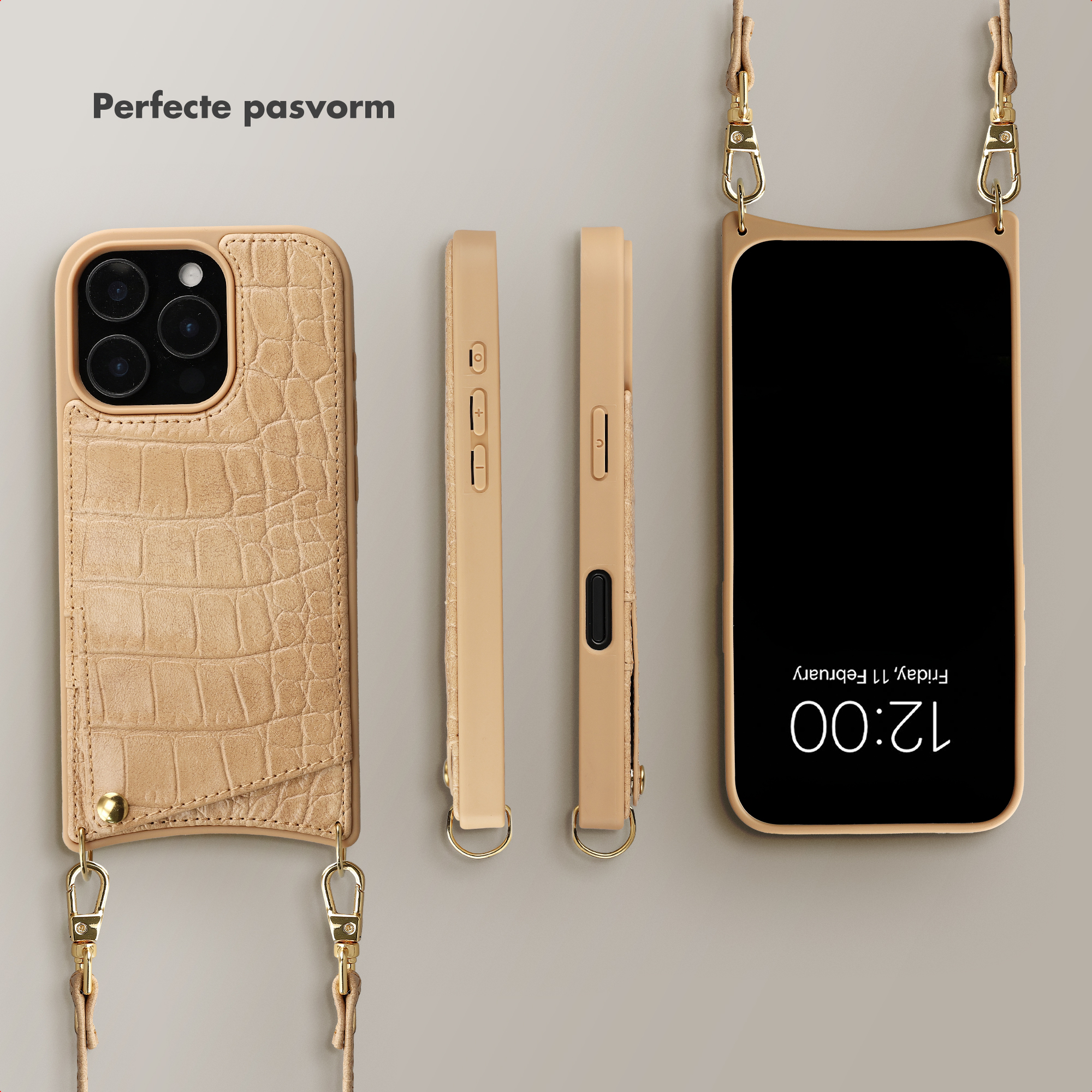 Une coque de téléphone en cuir de crocodile beige avec une lanière et un iPhone.
