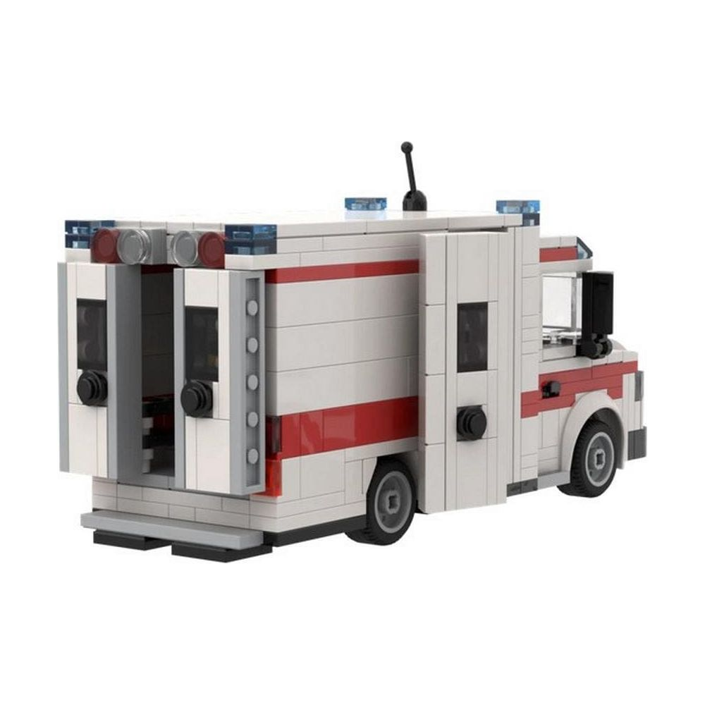 Ein weißer und roter Krankenwagen aus Legosteinen, von hinten gesehen.