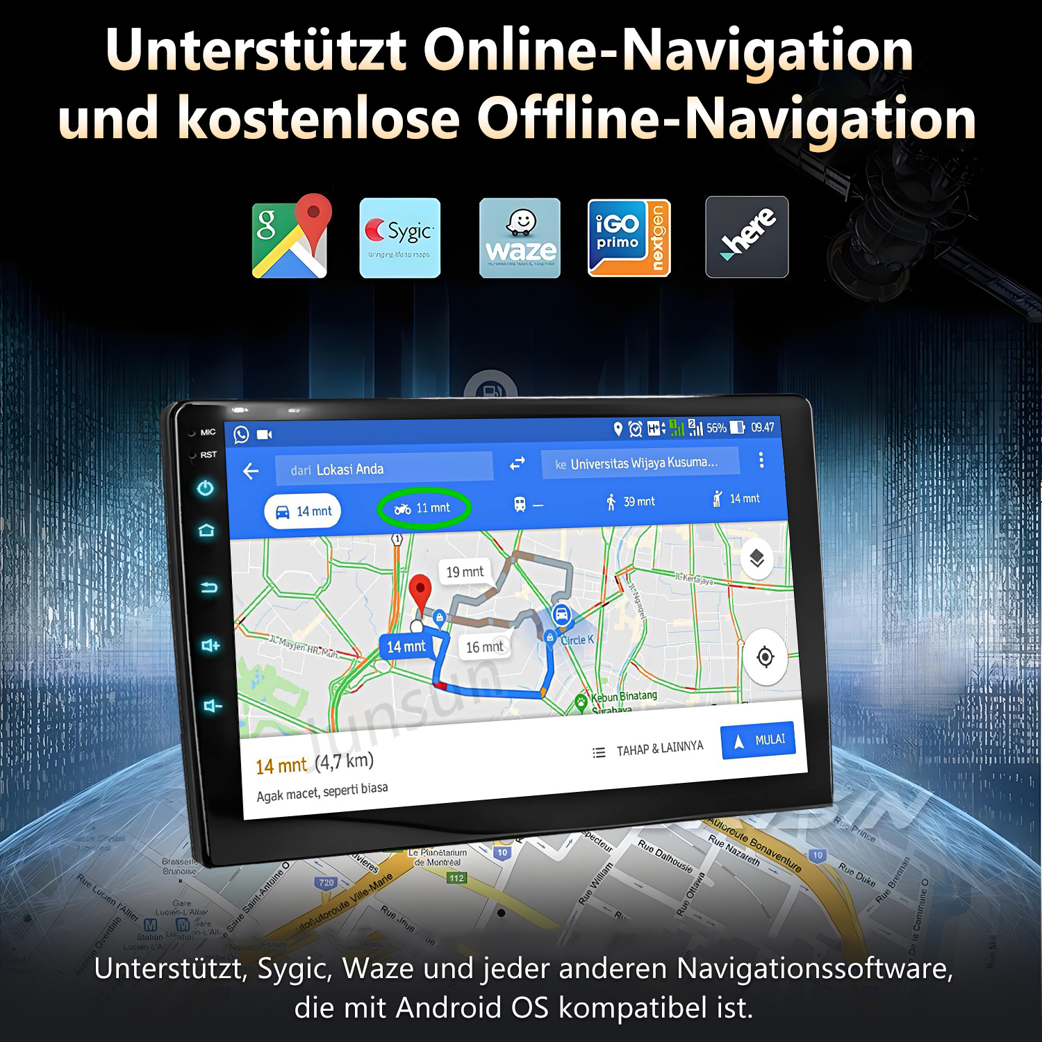 Ein Autoradio zeigt eine Navigations-App mit Routen und Verkehrsinformationen.