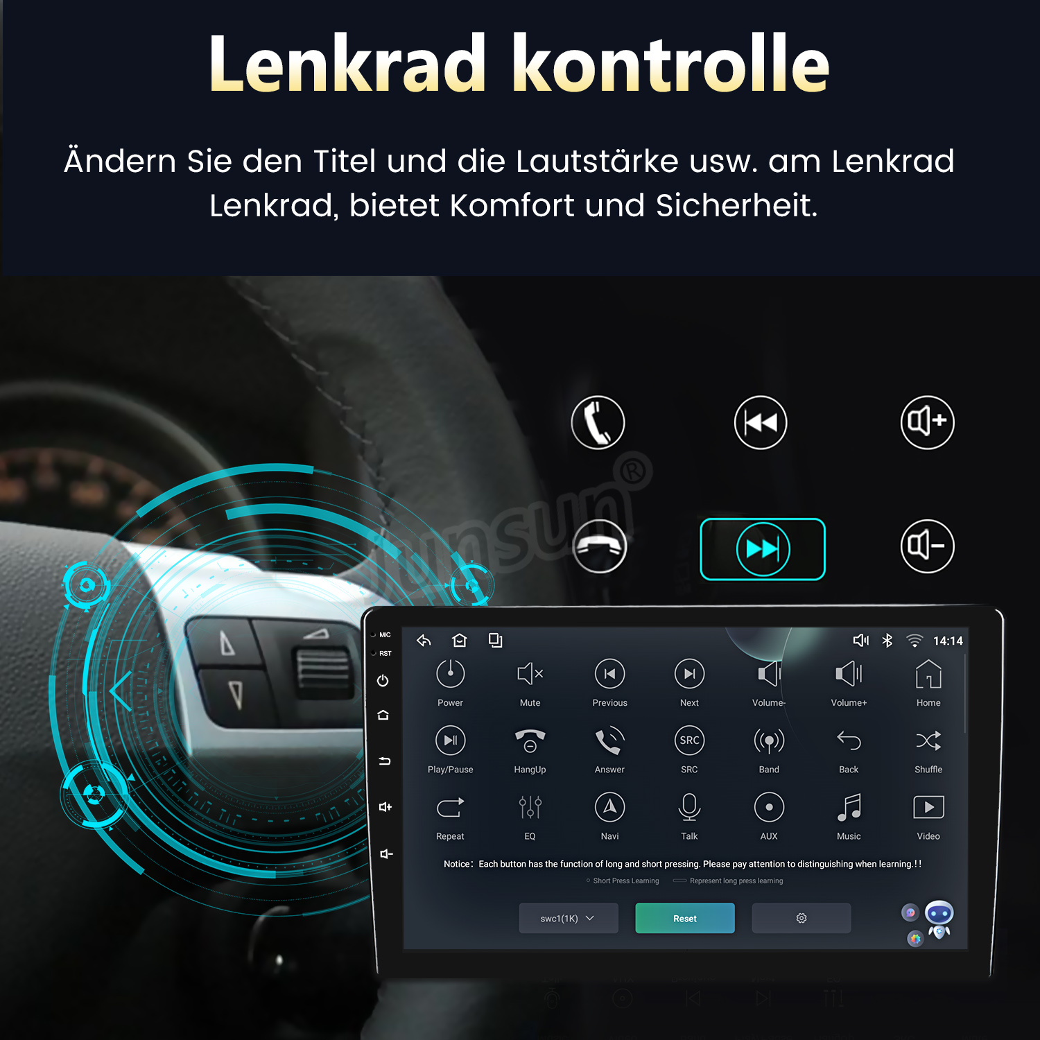 Ein Autoradio-Bildschirm zeigt Lenkradsteuerungs-Icons und Menüoptionen.