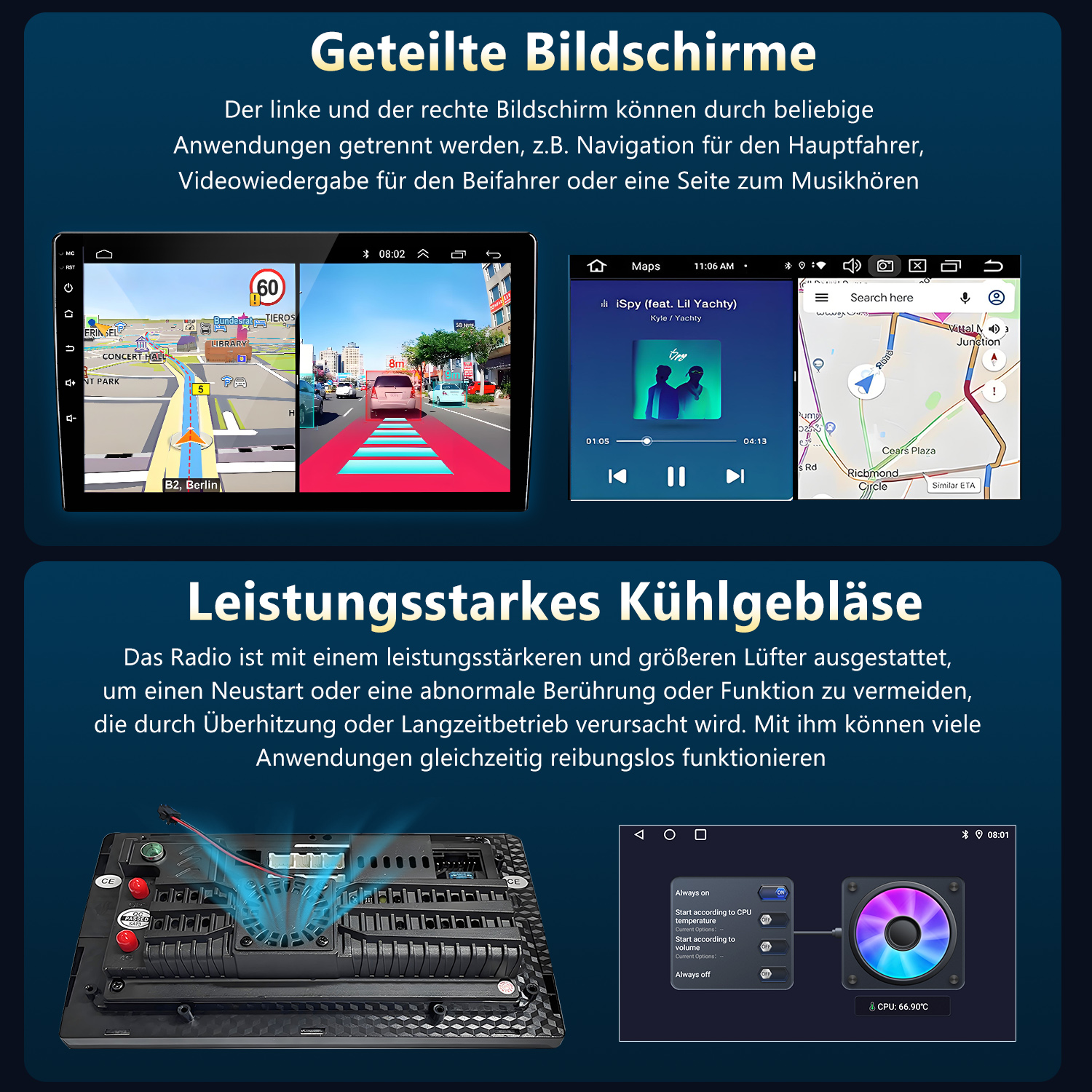 Ein Autoradio mit geteiltem Bildschirm zeigt Navigation und Musikplayer.