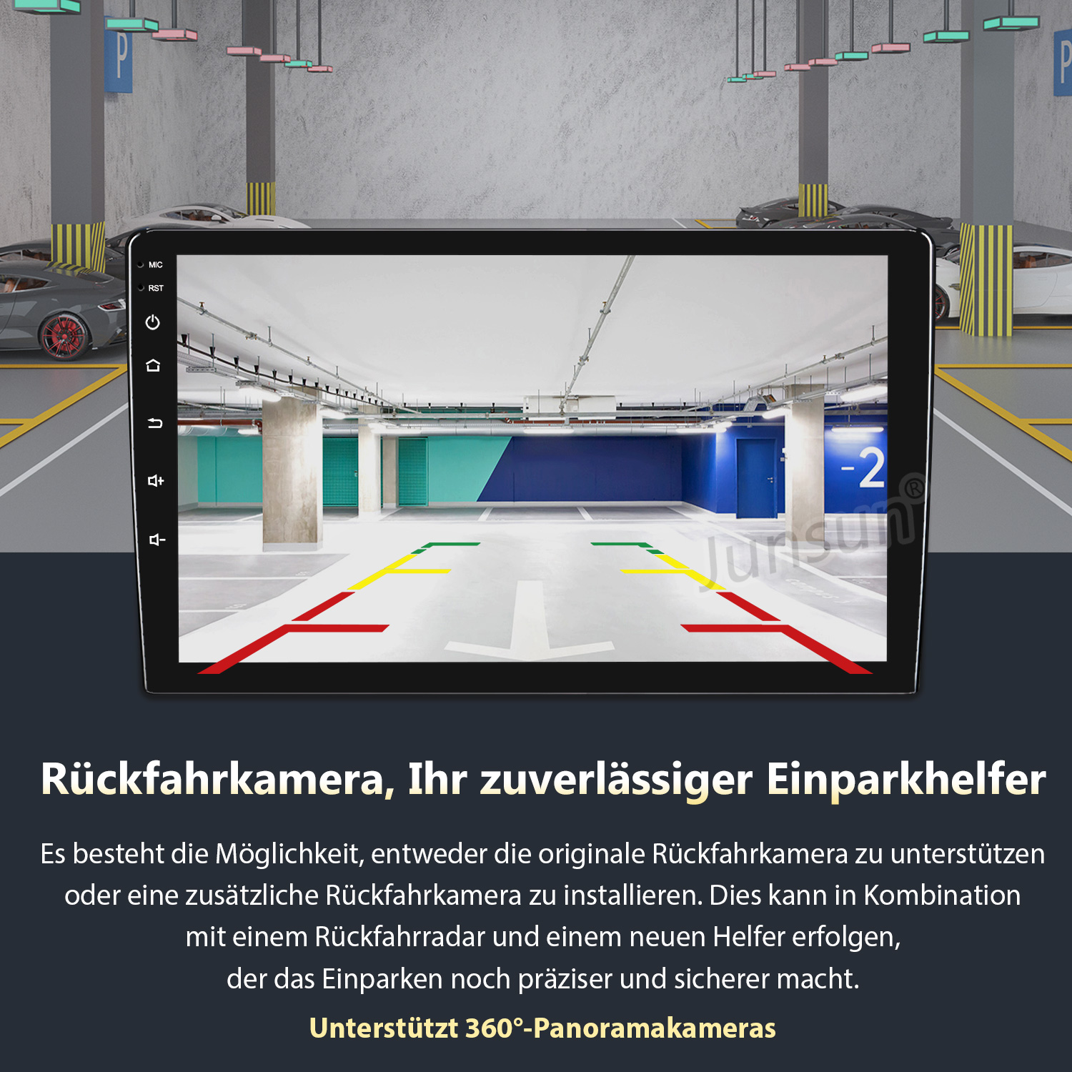 Einparkhilfe-Display zeigt Parkplatzansicht mit Führungslinien.