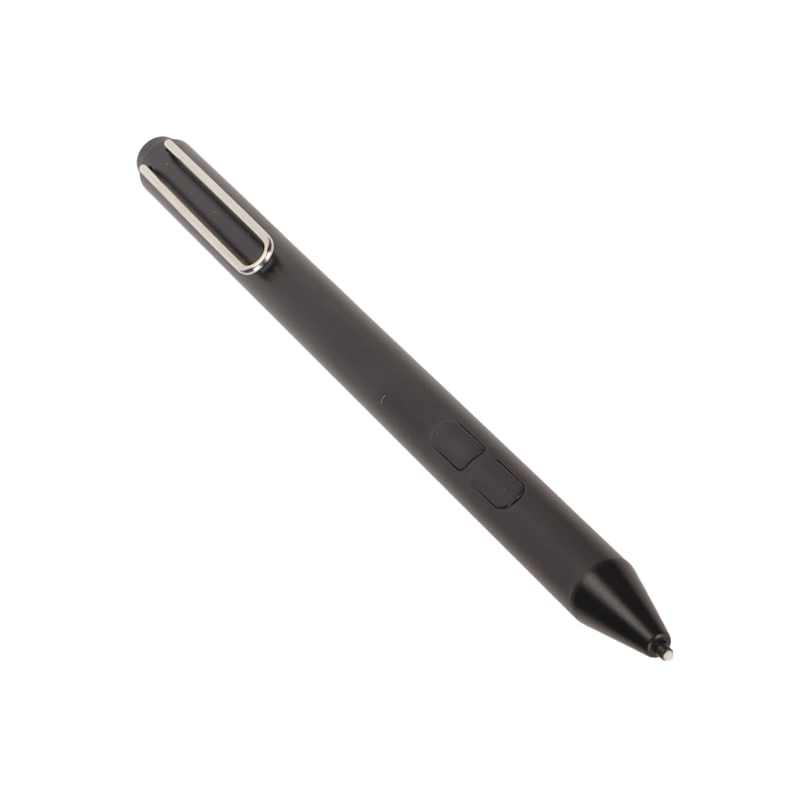 Ein schwarzer Eingabestift mit silbernem Clip und zwei Tasten.