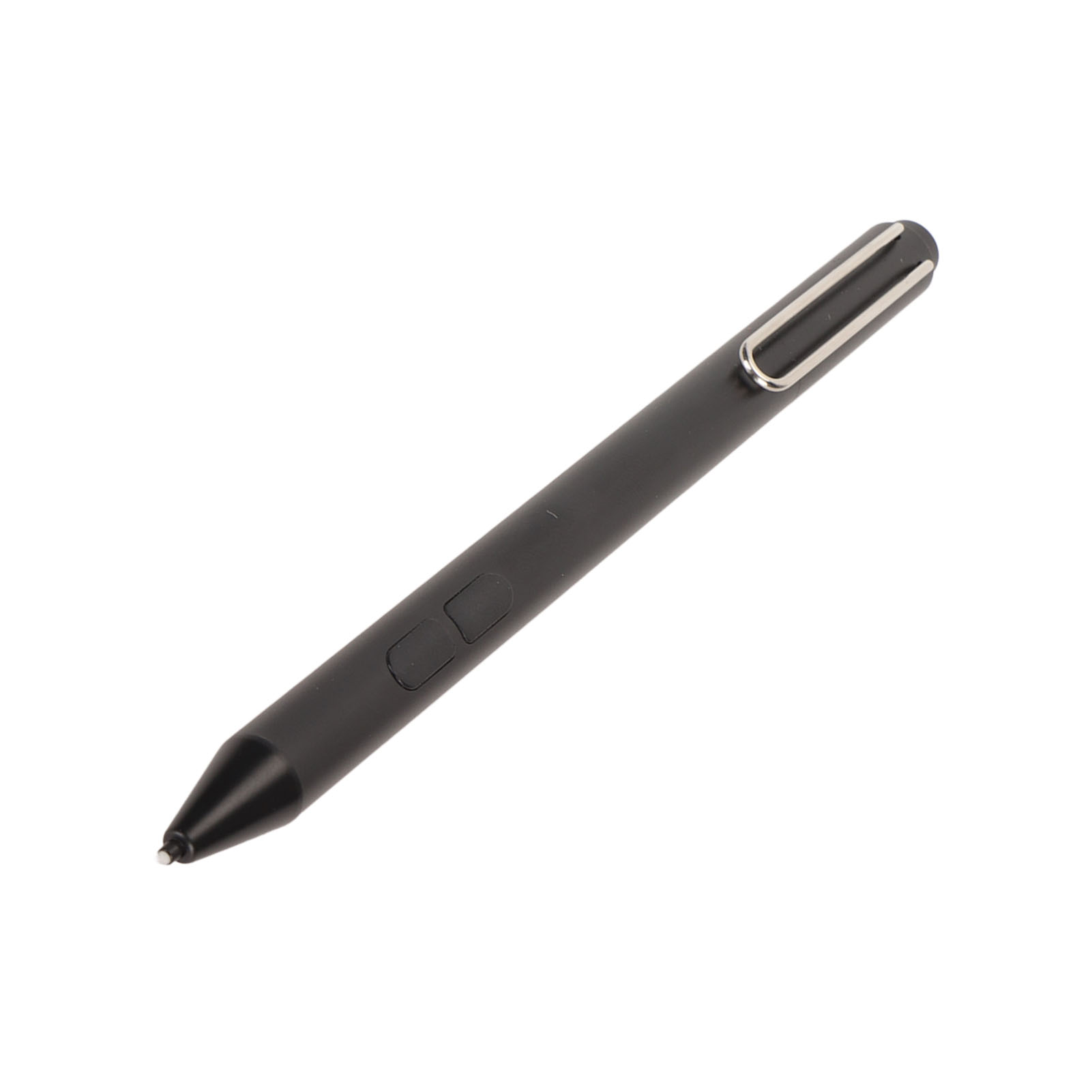 Schwarzer Eingabestift mit zwei Tasten und einem Metallclip.