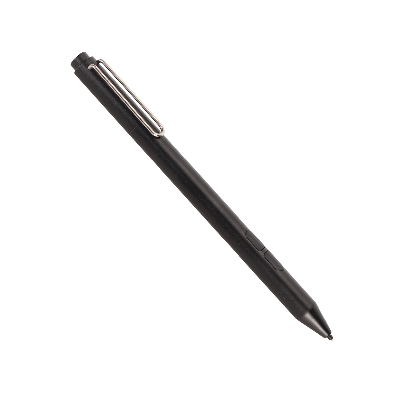 Ein schwarzer Stift mit silbernem Clip, auf weißem Hintergrund.
