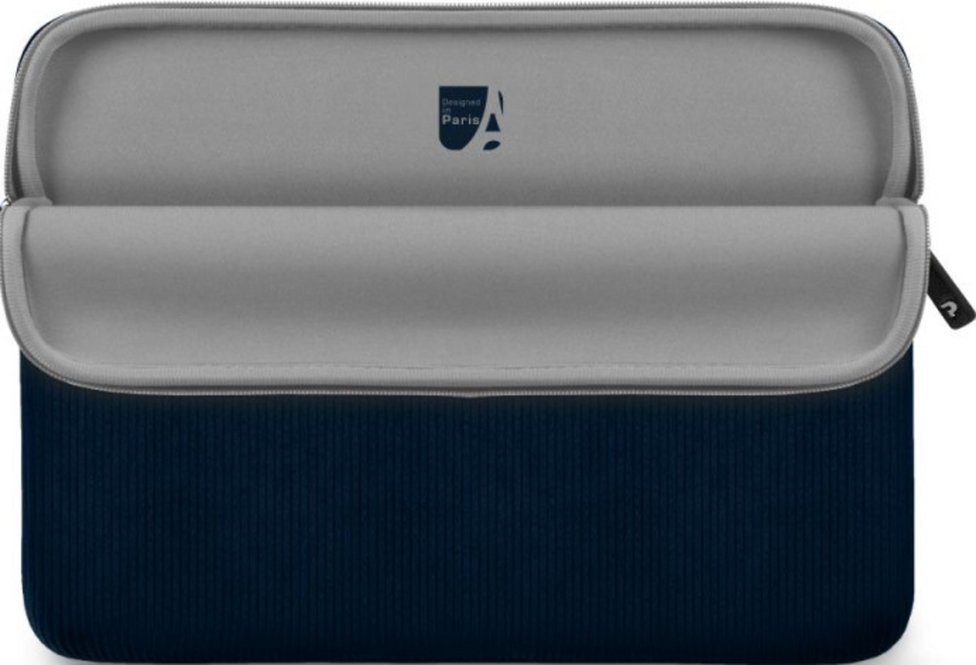 Una custodia blu scuro con fodera grigia e un logo.