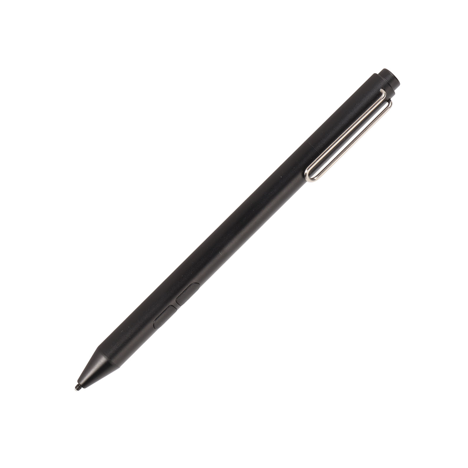Ein schwarzer Eingabestift mit silbernem Clip und zwei Tasten.