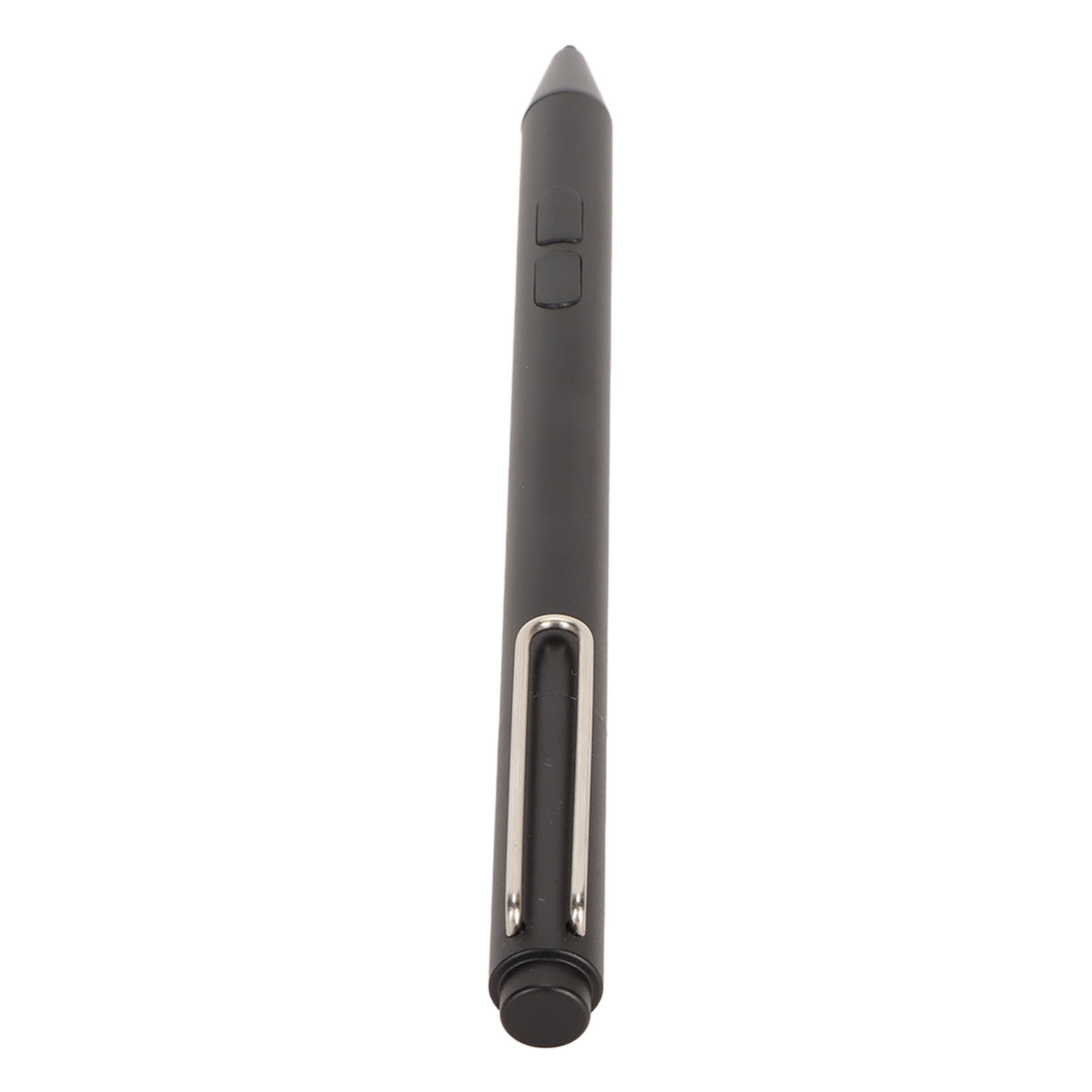 Ein schwarzer digitaler Stift mit zwei Knöpfen und einer Metallklammer.