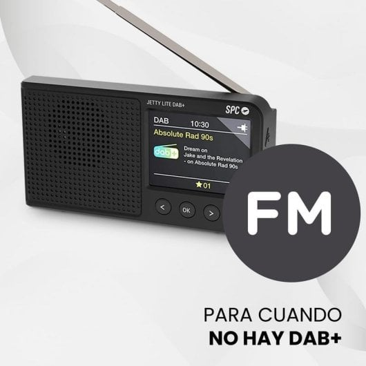 Una radio DAB+ negra con la antena extendida y pantalla.