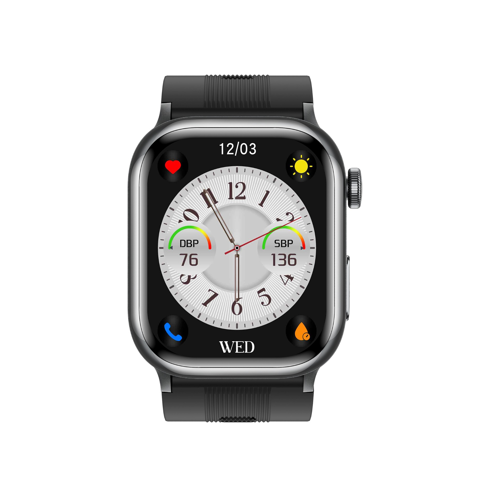 Eine schwarze Smartwatch mit rundem Zifferblatt, das Datum, Uhrzeit und Vitalwerte anzeigt.